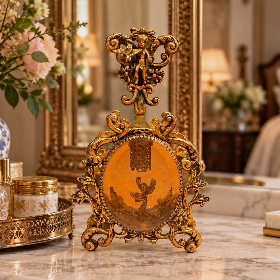 Vintage Ormolu Gilt Perfume Bottle Amber Glass Cherub Bird Rococo Vanity 9” Vintage Ormolu Gilt Perfume Bottle Amber Glass Cherub Bird Rococo Vanity 9”