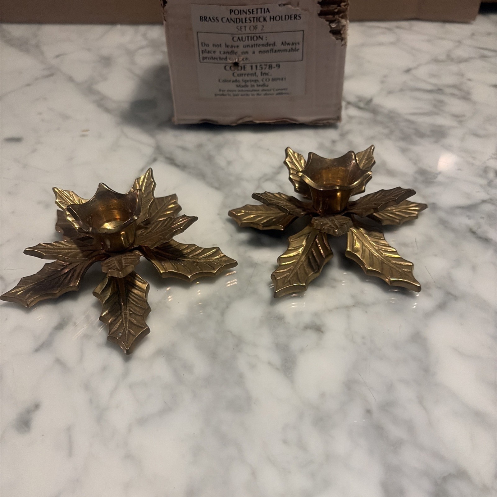 PAIR VINTAGE SOLID BRASS CANDLEHOLDERS, POINSETTIA , INDIA