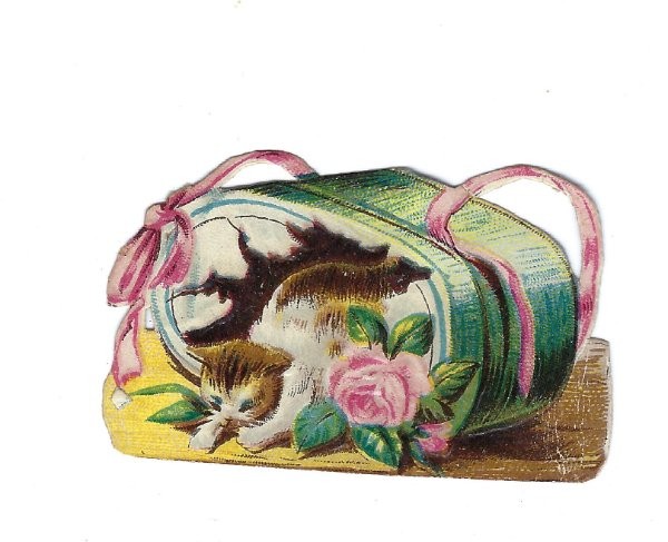 1888 Chromo, Fantasy Ckitten in Fancy Basket, Antique Victorian Die-Cut Scrap, 2 1888 Chromo, Fantasy Ckitten in Fancy Basket, Antique Victorian Die-Cut Scrap, 2
