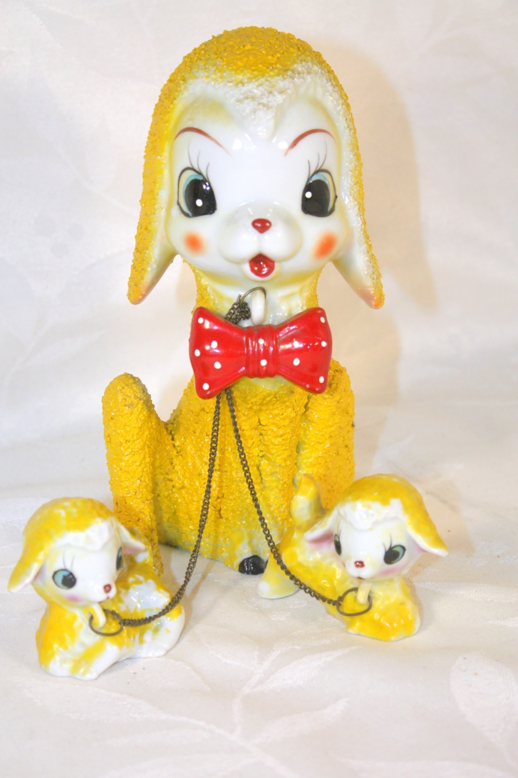 Vintage Arnat #7691 Yellow Sugar Textured Ceramic Sheep Chained Lambs