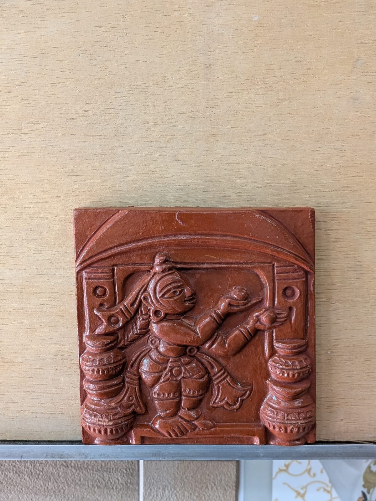 Vintage Old Terracotta Wall Tile Relief Carving Indian Folk Art Female Lady