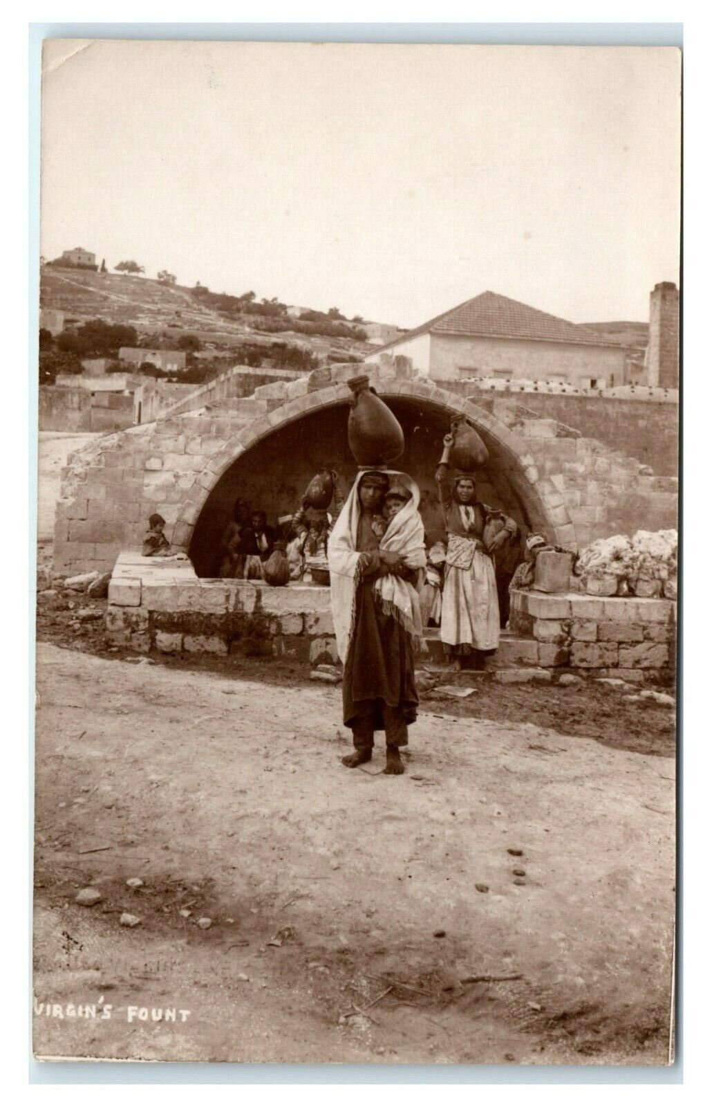 Postcard Virgin\'s Fountain Nazareth Palestine Woman Carrying Water RPPC F1