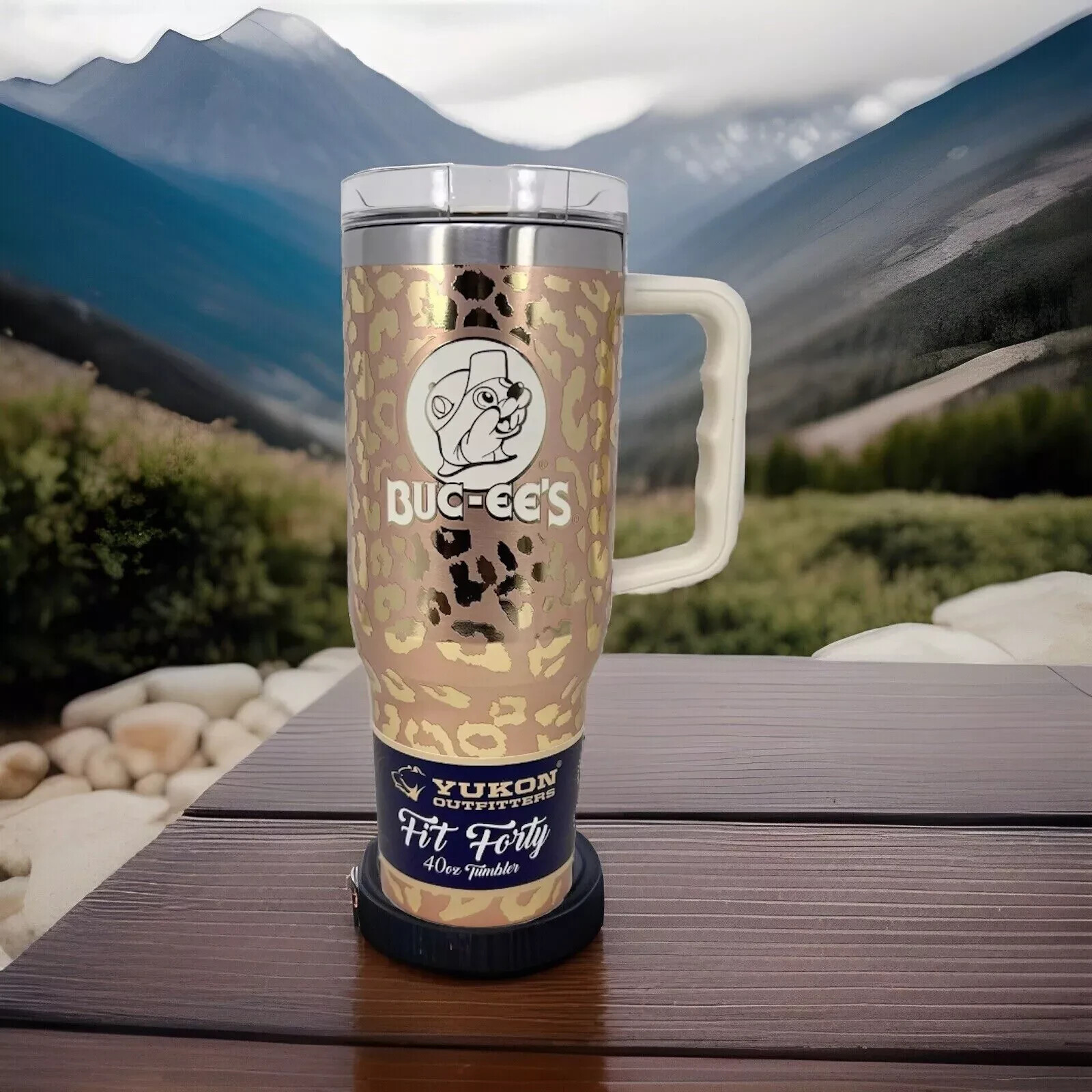Buc-ee's Yukon Outfitters Gold Leopard Fit Forty Tumbler 40 Oz Cup Mug w/ Straw
