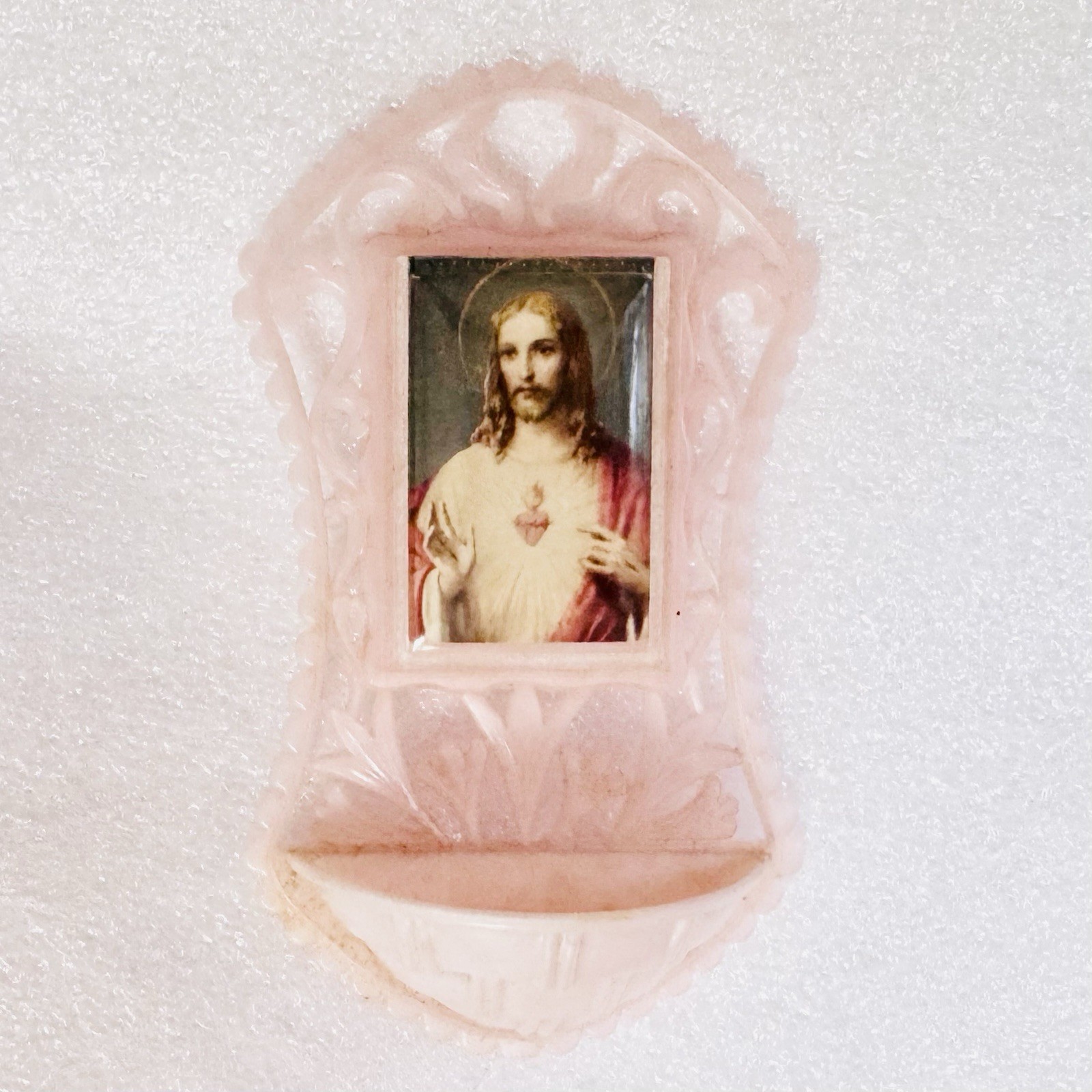 Vintage 1940’s Made In Italy Celluloid Sacred Heart Jesus Font Pink Hanging