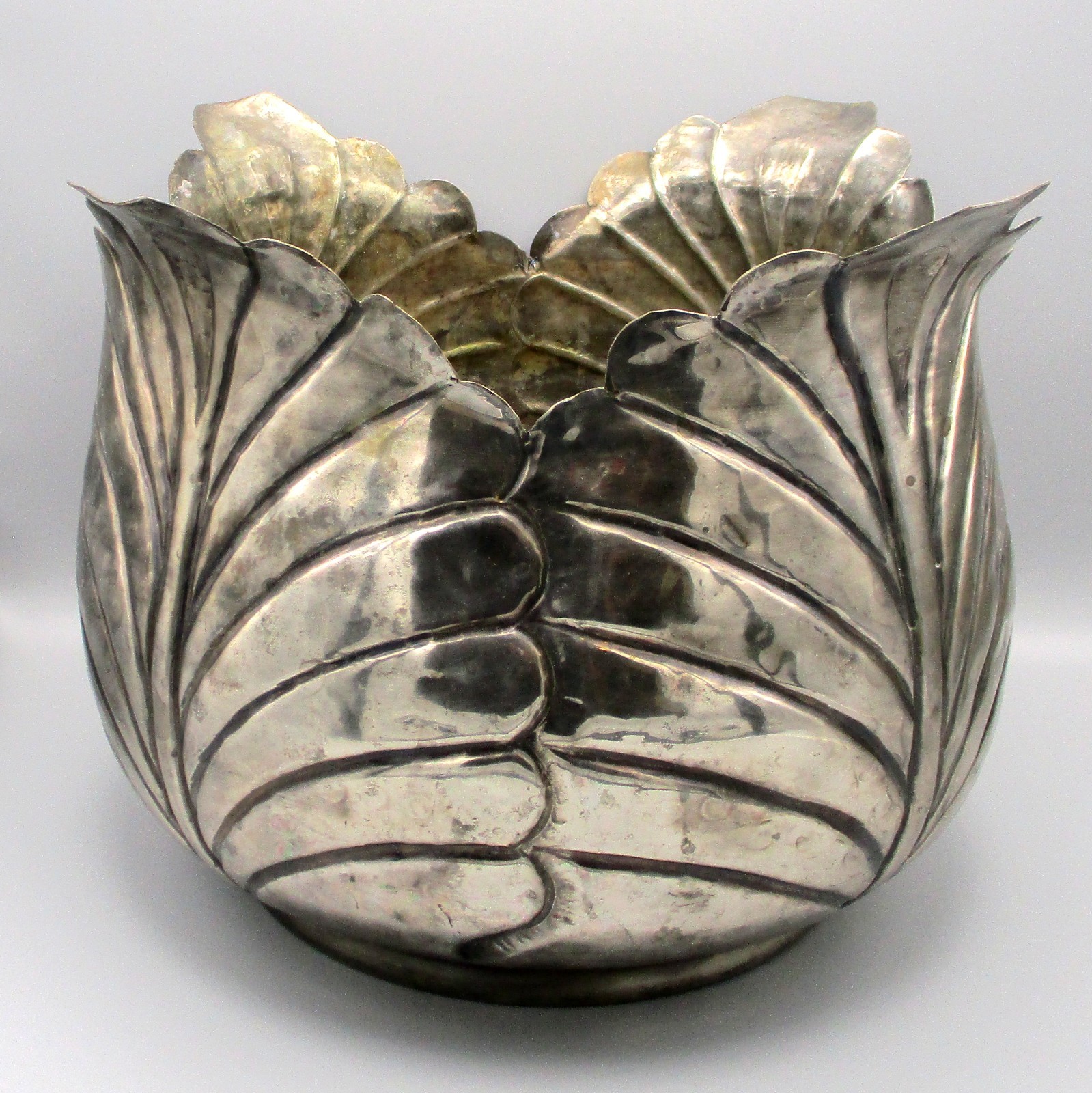 Atq Hand-Tooled Solid Brass Planter Cachepot Antique Silver-Plated Finish India