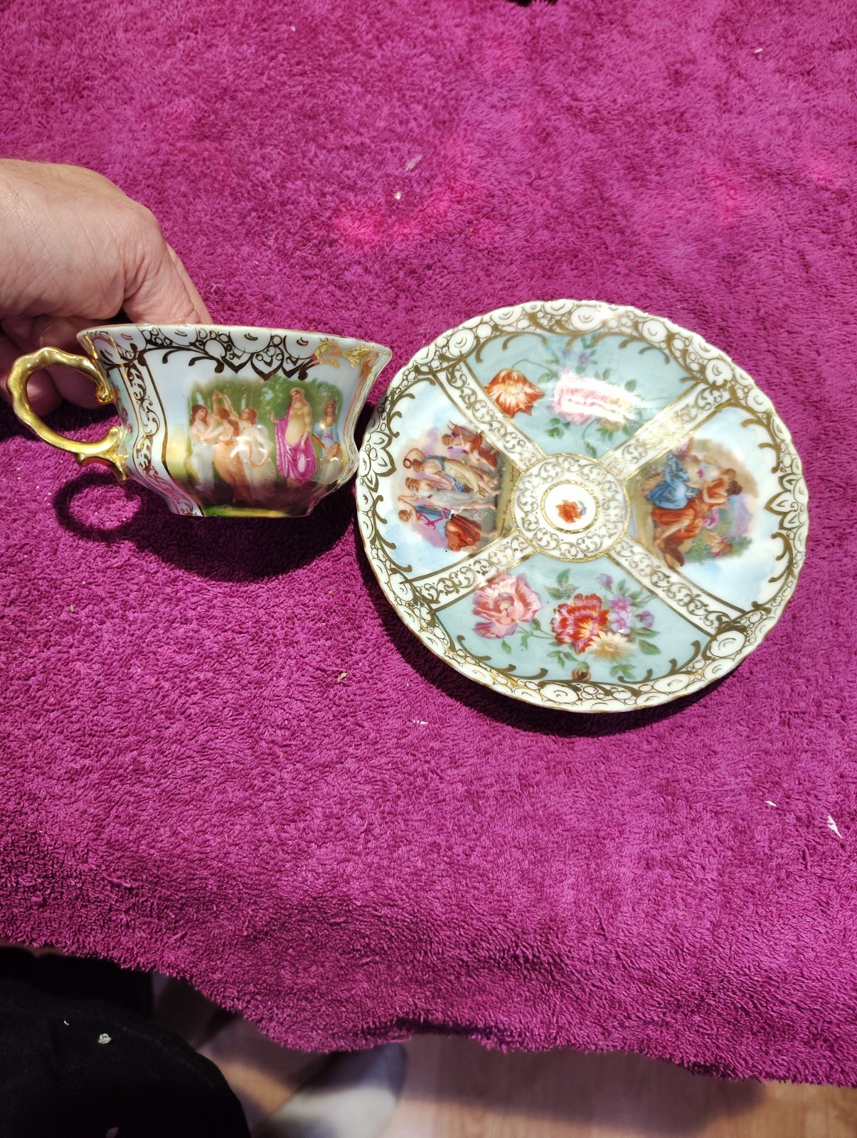 Antique Austrian Porcelain Teacup Saucer Courting Scene Fischer Mieg