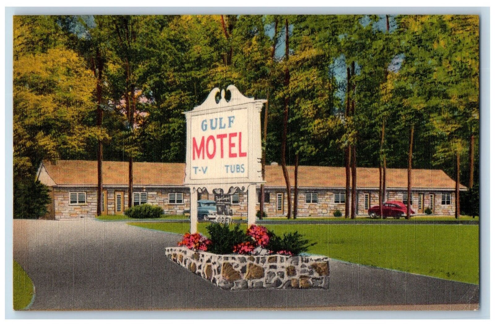 1955 Gulf Motel & Restaurant Cottages Classic Car Fallston Maryland MD Postcard