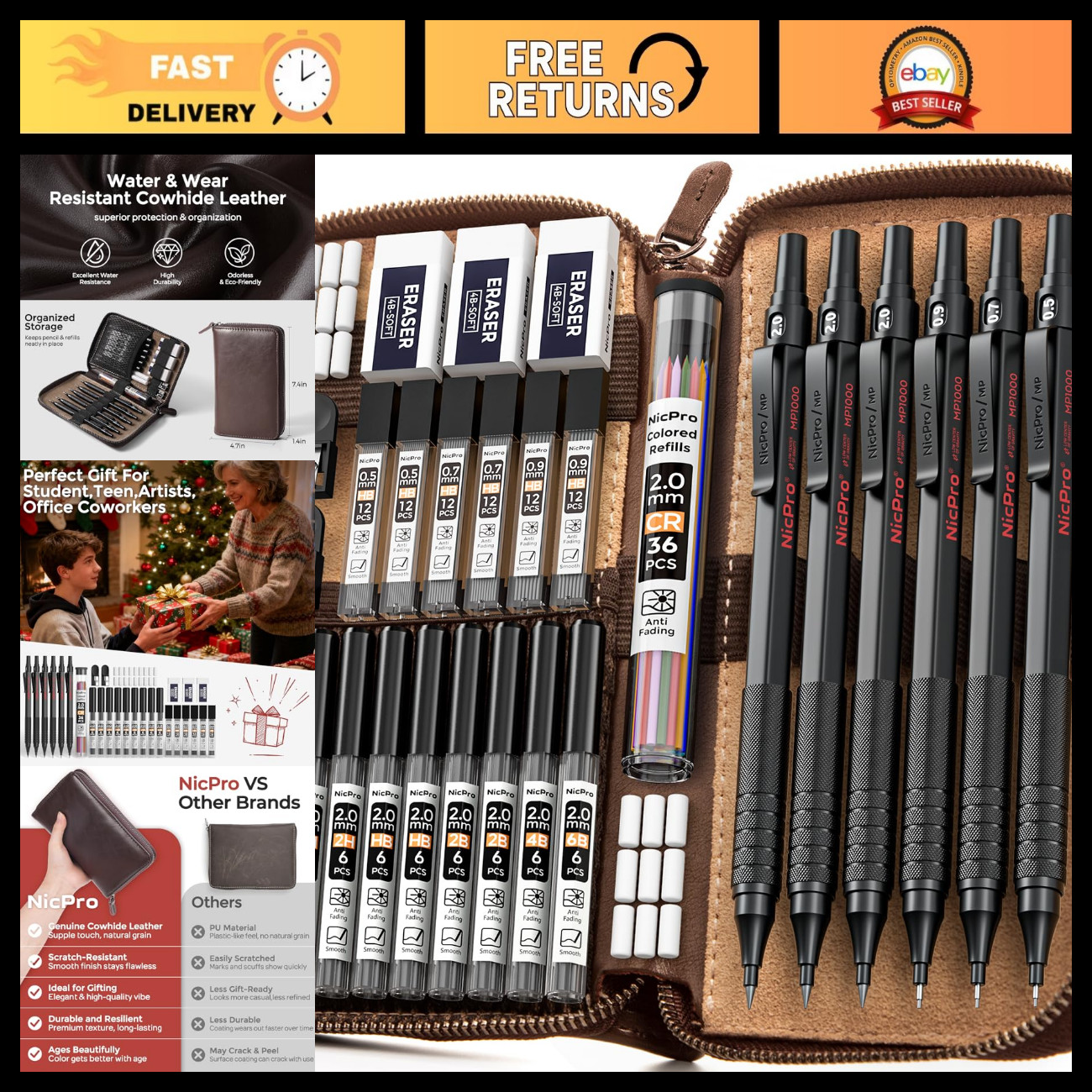 30PCS Black Metal Mechanical Pencil Set with Leather Case - Art & Drafting Tools