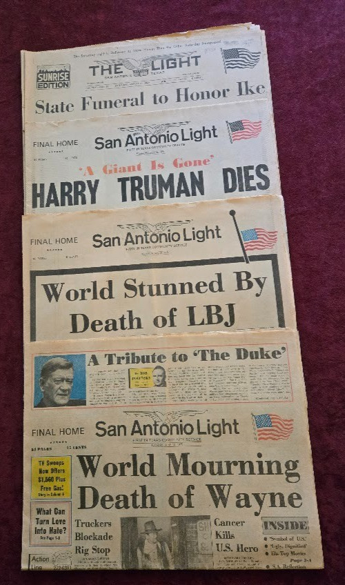 Vtg San Antonio Light Newspaper Lot~1969 Eisenhower~1972 Truman~73 LBJ~ 79 Wayne