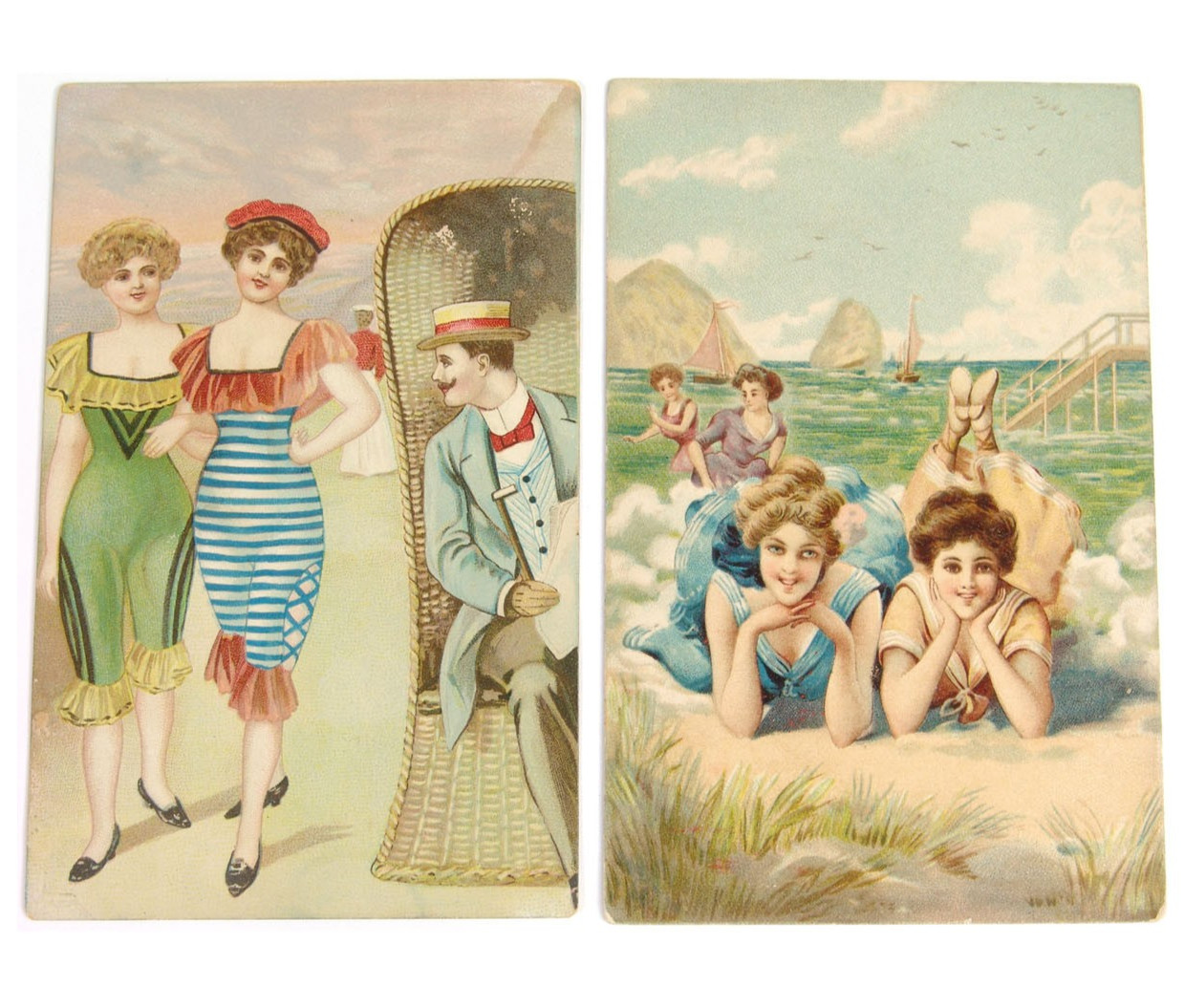 c1910 Lot 2 Bathing Beauties Beach Postcards, Angry Message for Board Day, Embos c1910 Lot 2 Bathing Beauties Beach Postcards, Angry Message for Board Day, Embos