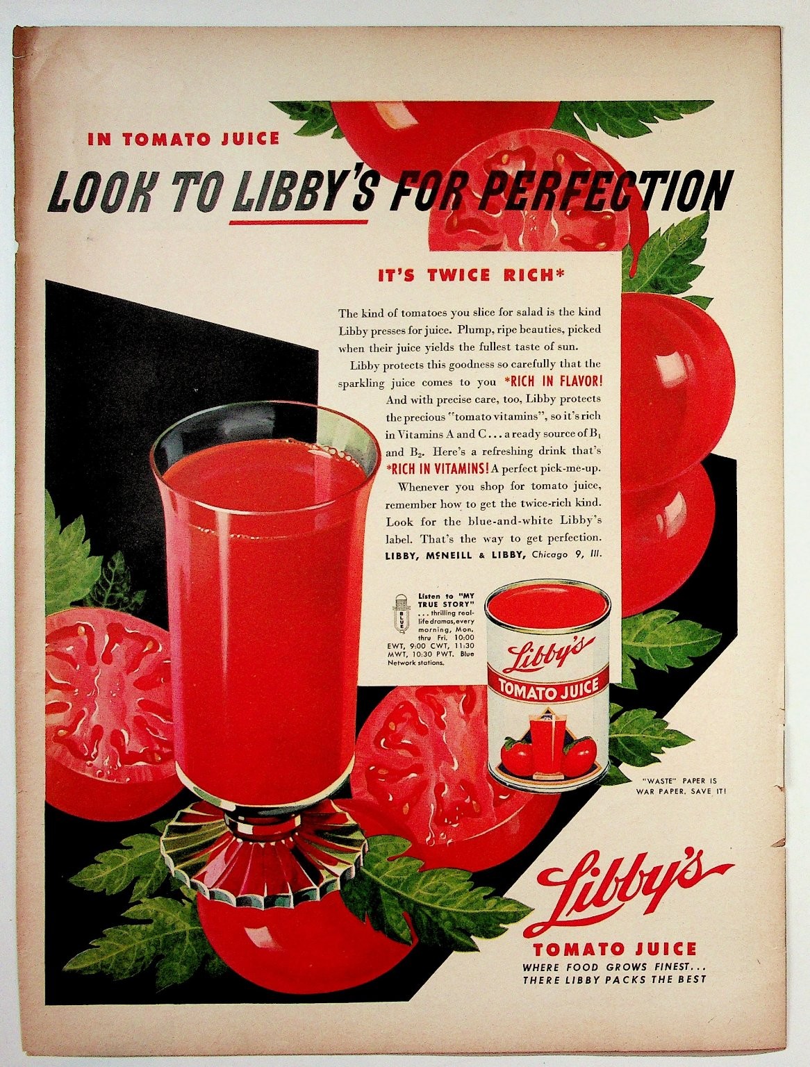 Libby\'s Tomato Juice Vintage Magazine Ad 1940s WWII War Era Full Page Color