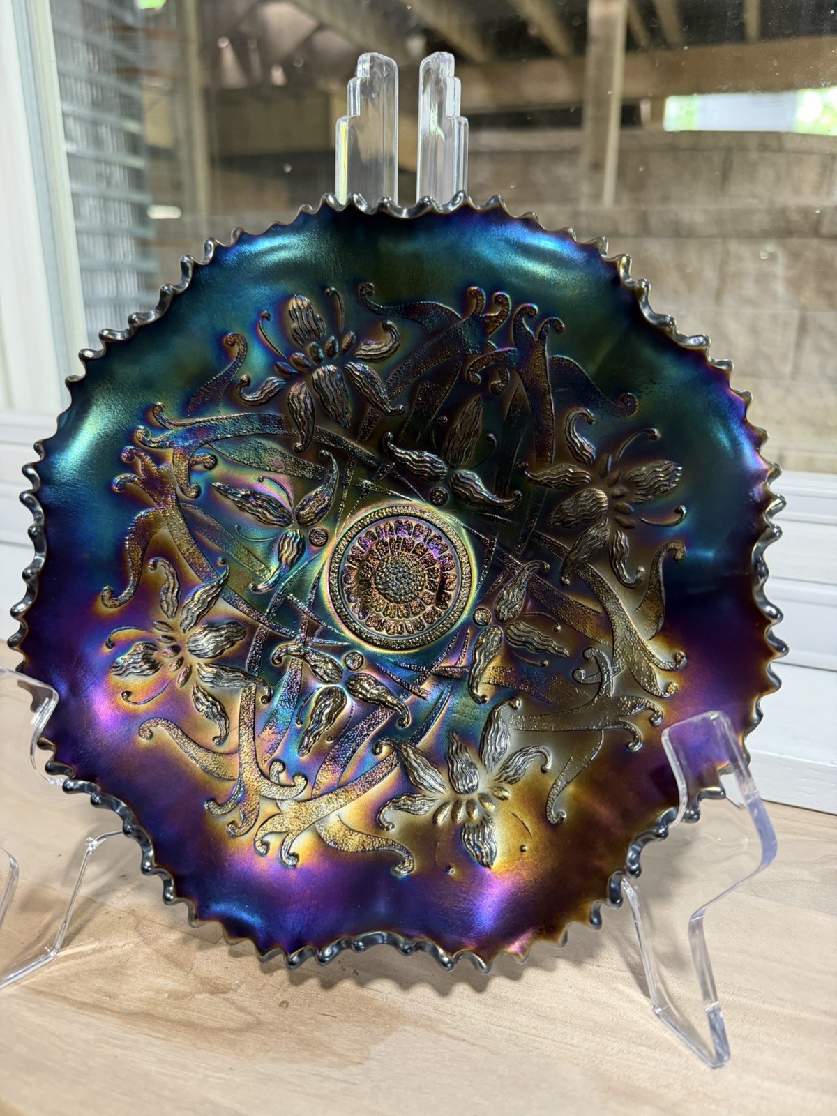 Northwood Wishbone Amethyst Carnival Glass 3Footed Ruffled Bowl Vivid Iridescent