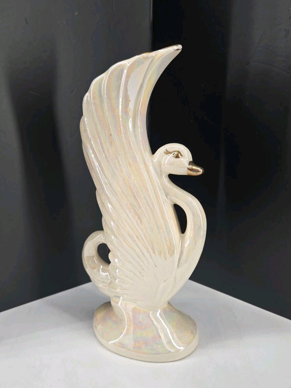 Mid Century Iridescent Pearlized Gold Trim Ceramic Swan Bud Vase Signed 8 Inch