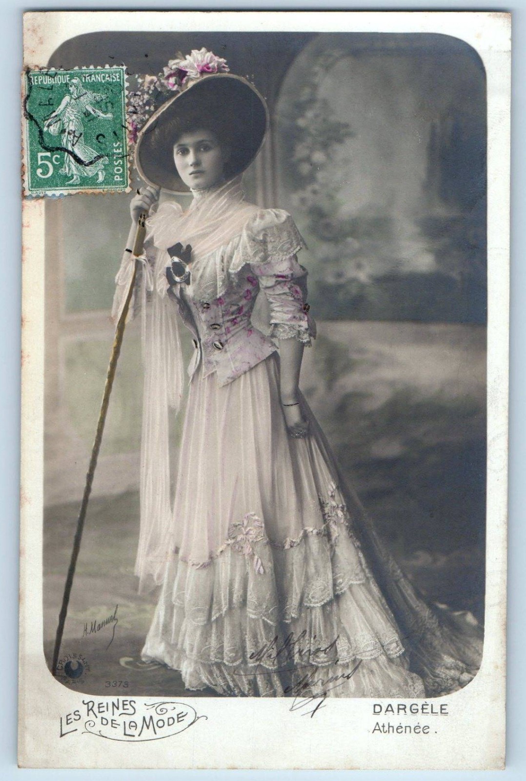 c1910's Pretty Woman Fancy Dress And Hat Studio Signed RPPC Photo Postcard