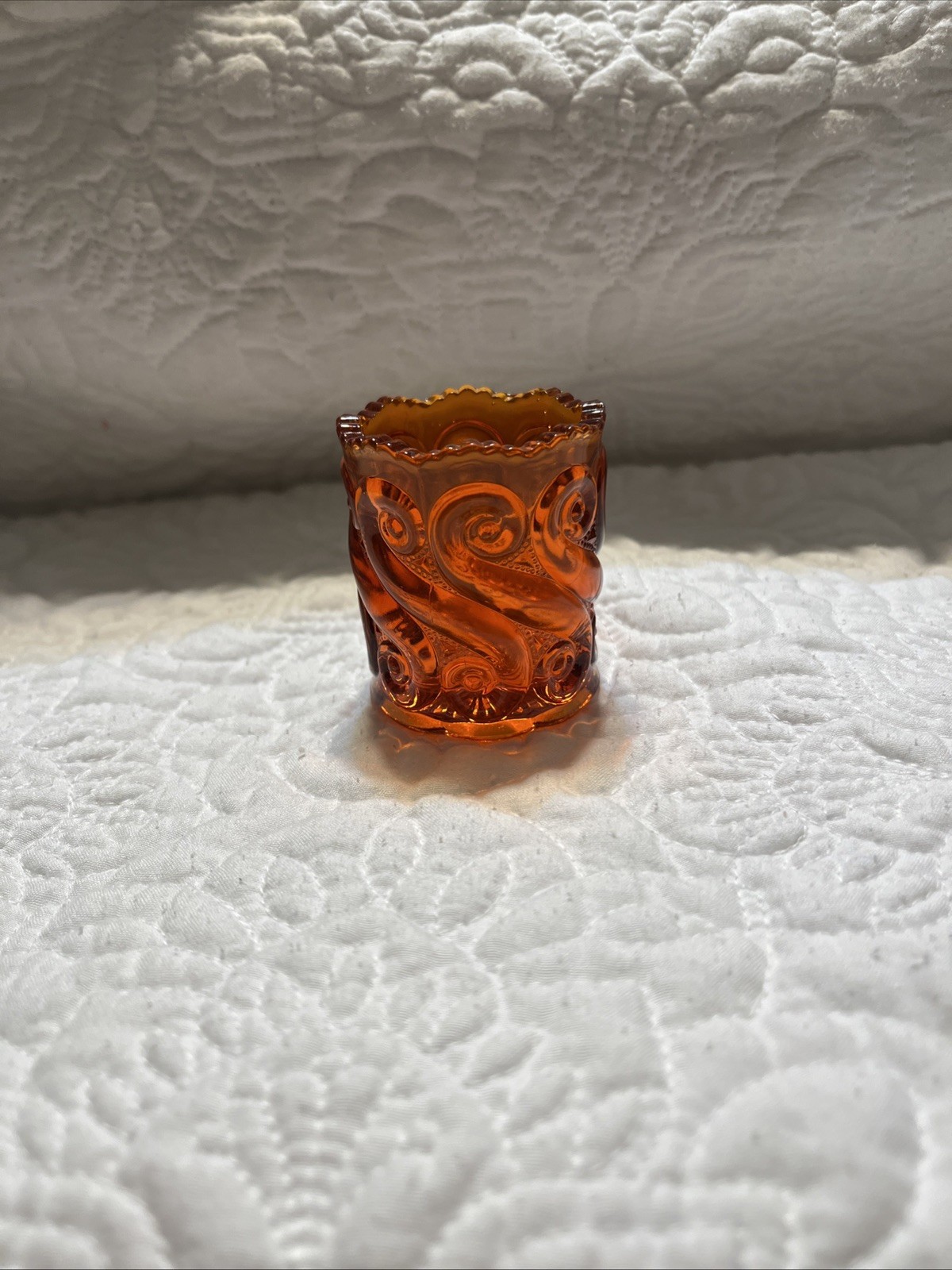 Vintage L G Wright Orange Glass Toothpick holder.  Glows w/ black light 