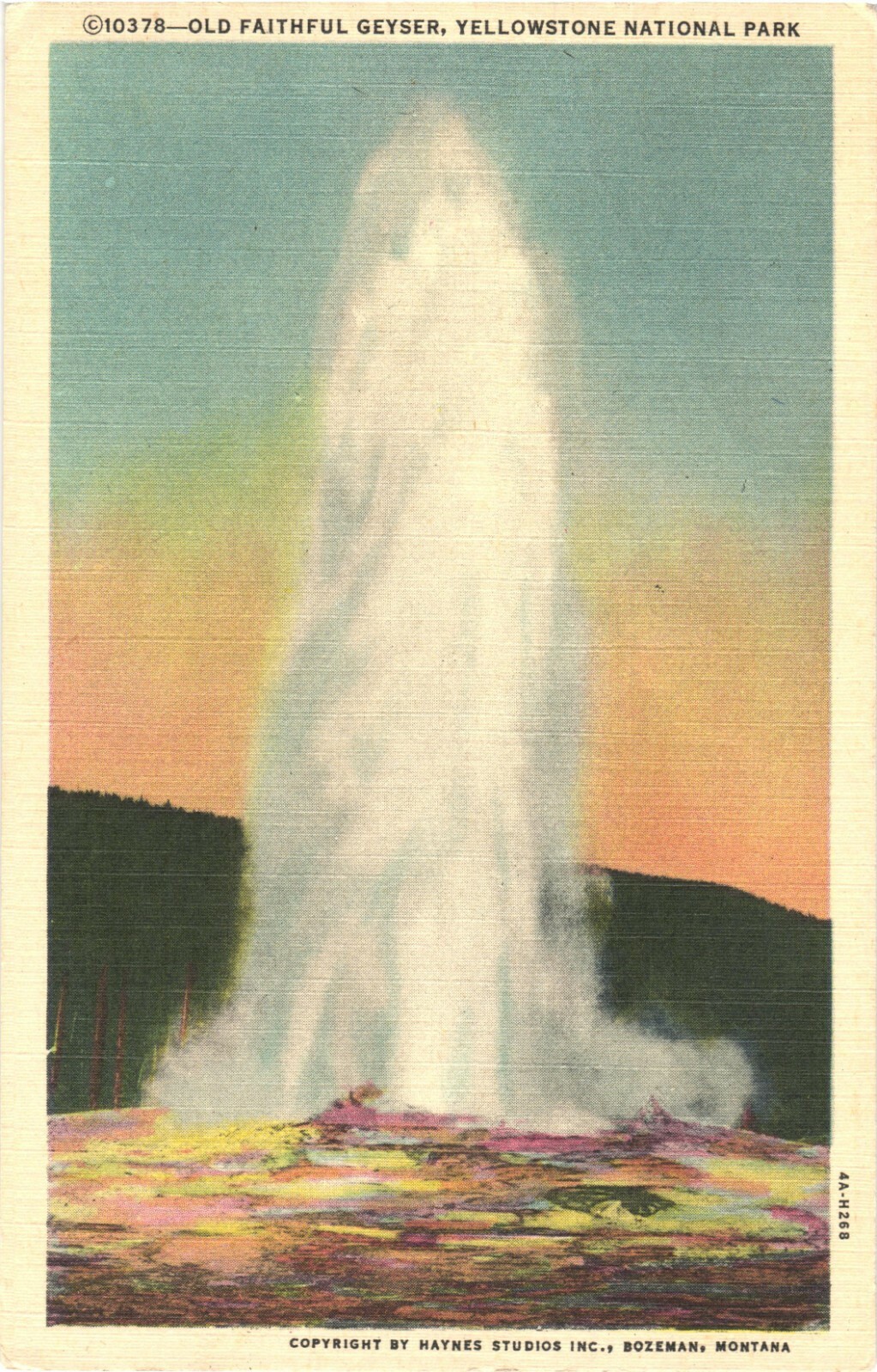 Yellowstone Park WY Old Faithful Geyser Erupting Linen Postcard 1934 Posted 1954