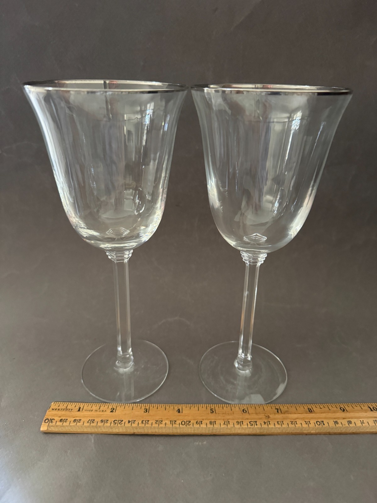 PAIR OF CLEAR CRYSTAL PLATINUM TRIM LONG STEM WINE WATER GLASSES VINTAGE