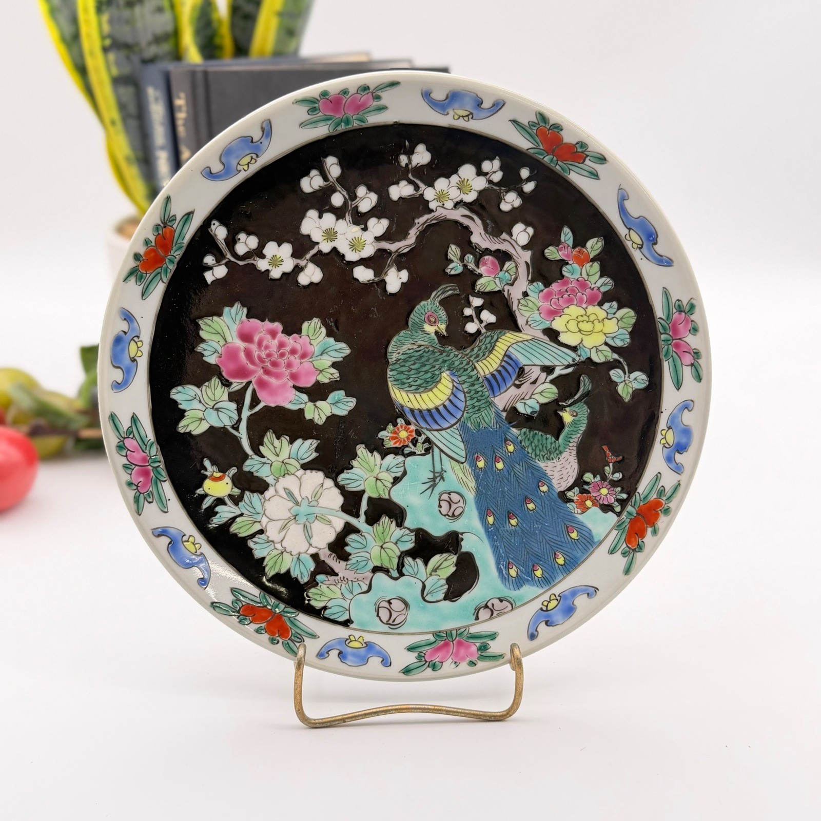 Vintage Nippon Hand Painted Peacock Floral Black Porcelain Decorative Plate 10\