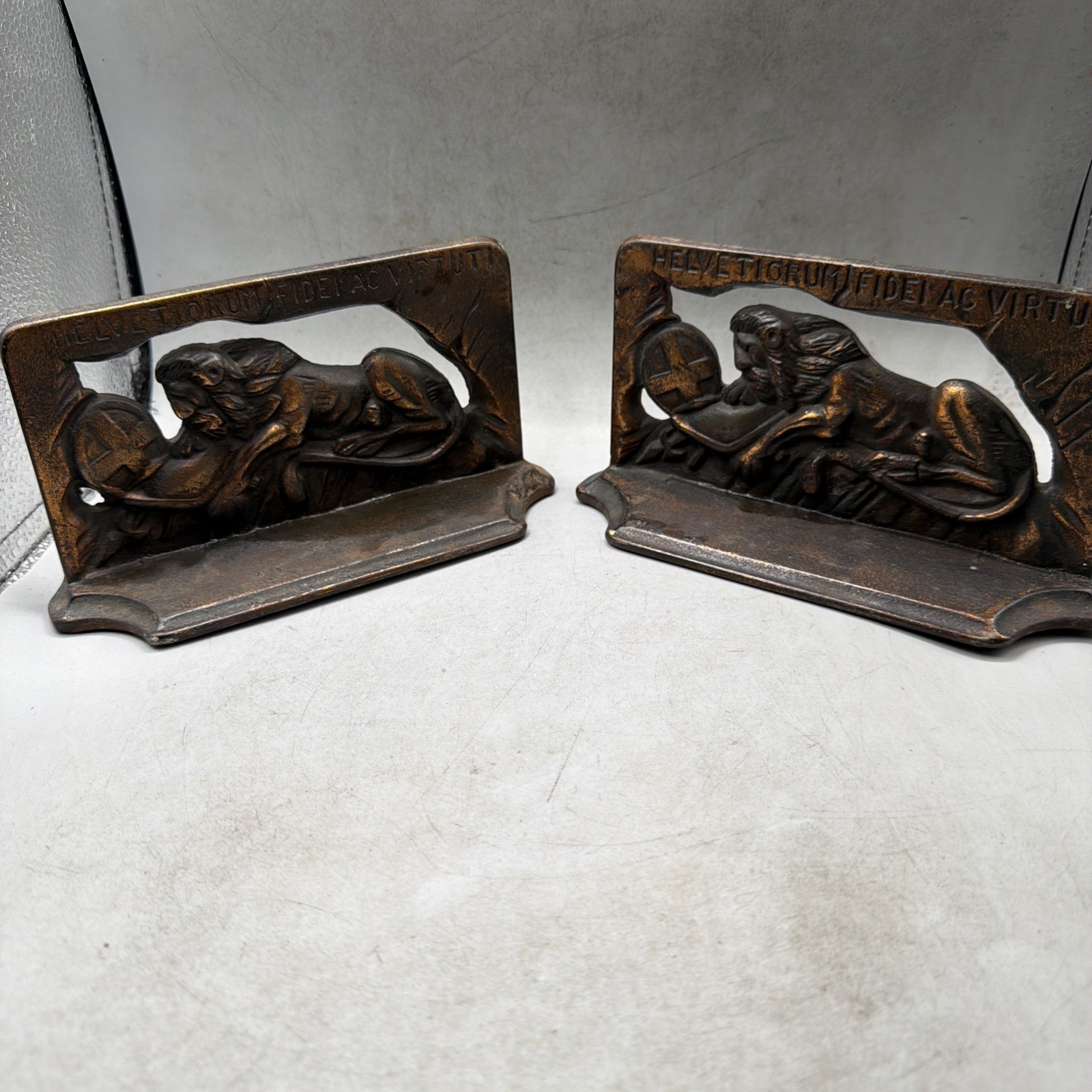 Vintage Lion Of Lucerne Monument Metal Bookends Set Of Two