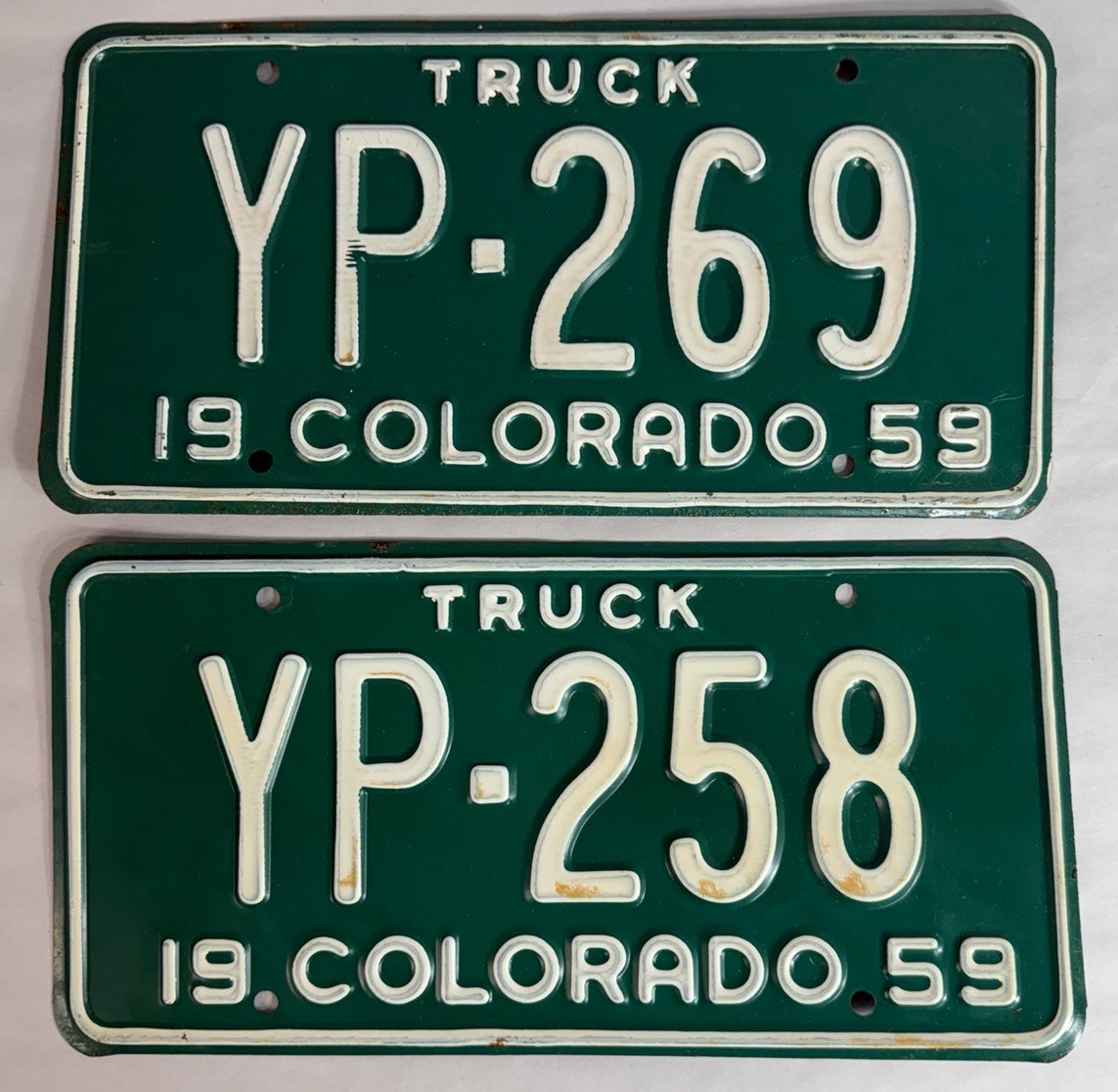 Vintage 1959 Colorado Truck License Plate Pair YP-269 YP-258 Original Old