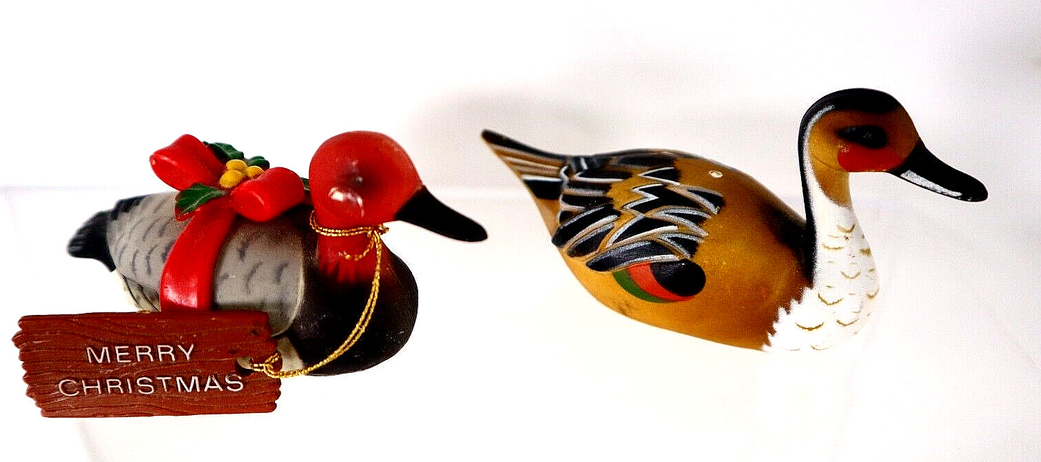Enesco Duck Figurines Christmas Happy Holidays Bow 1983 & Hunting Bird Hong Kong