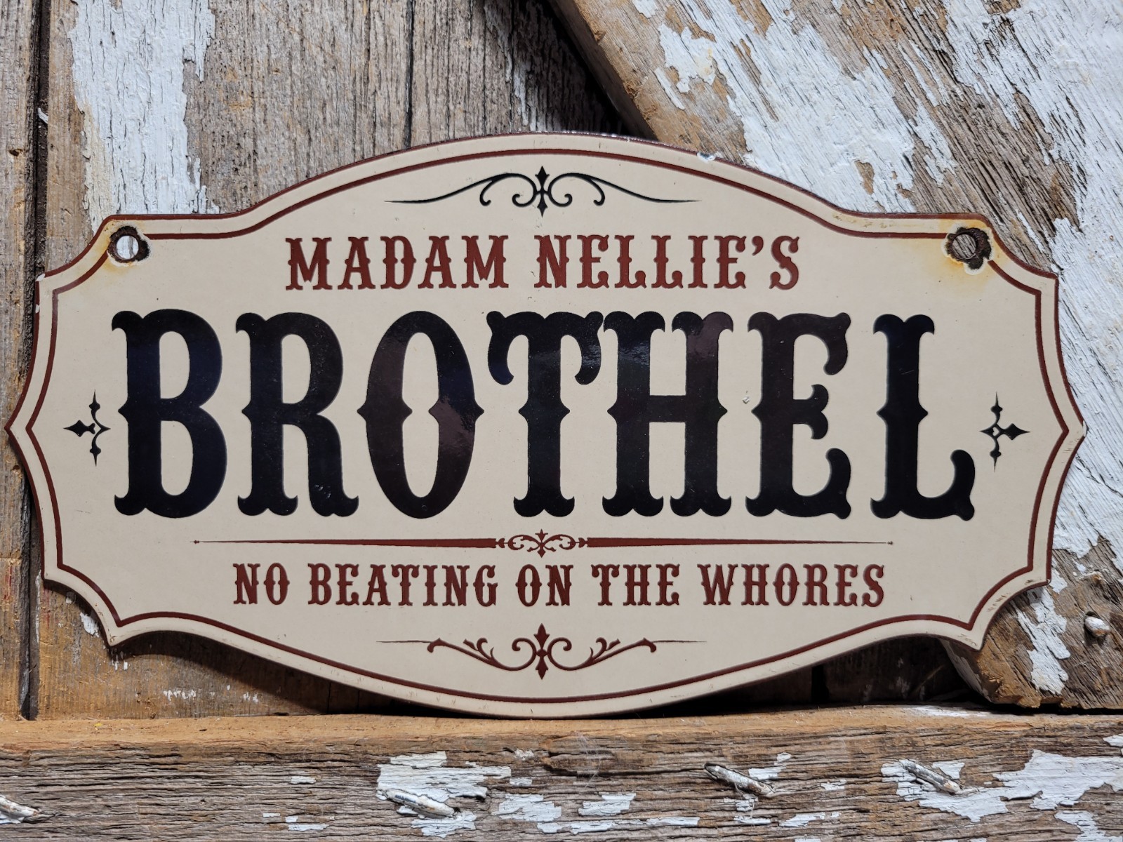 VINTAGE BROTHEL PORCELAIN SIGN RARE OLD MADAM NELLIES GENTLEMANS STRIP CLUB 12