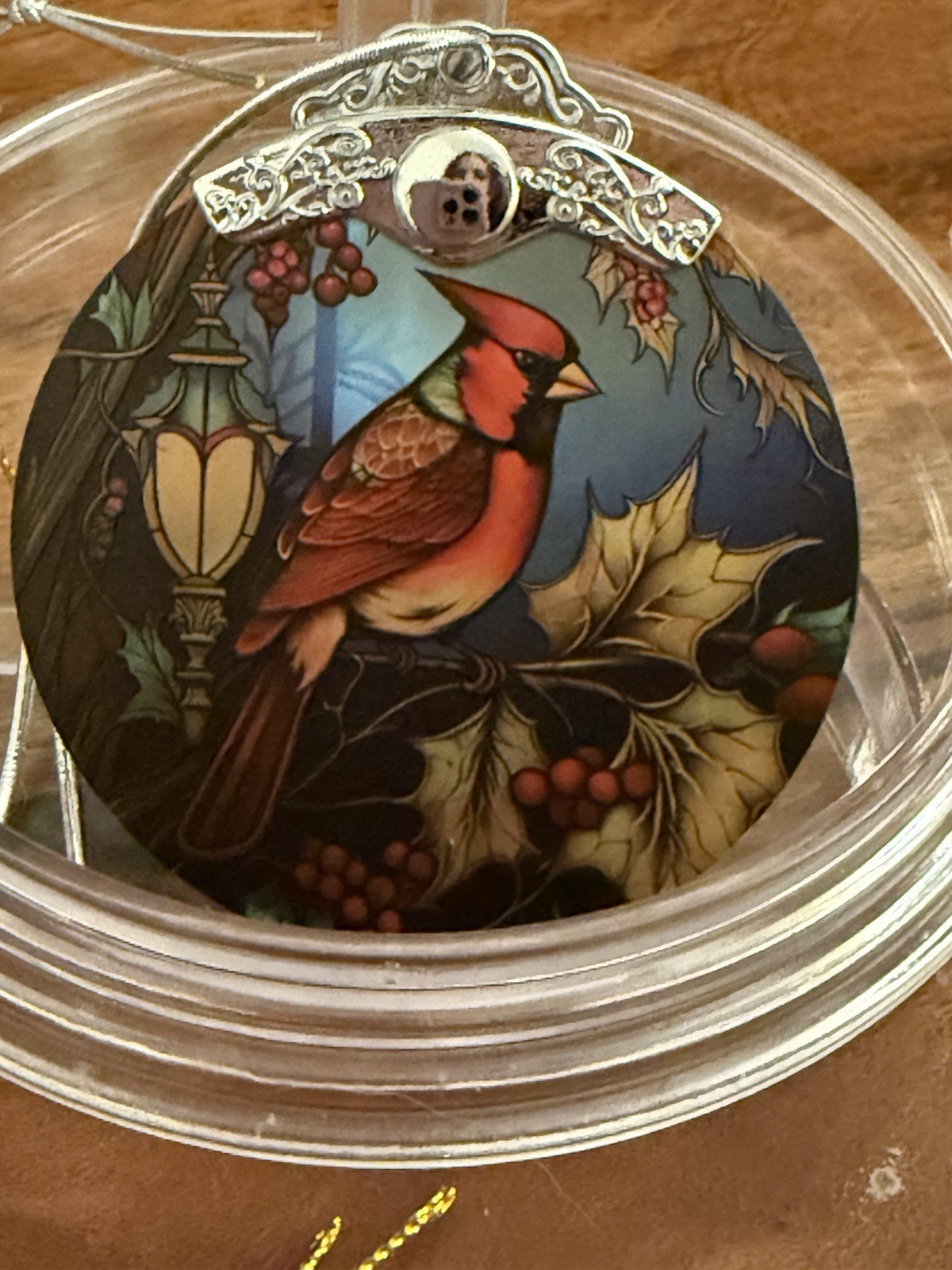 Red Cardinal Christmas Ornament Vintage Style Holly Berries Winter Bird Gift