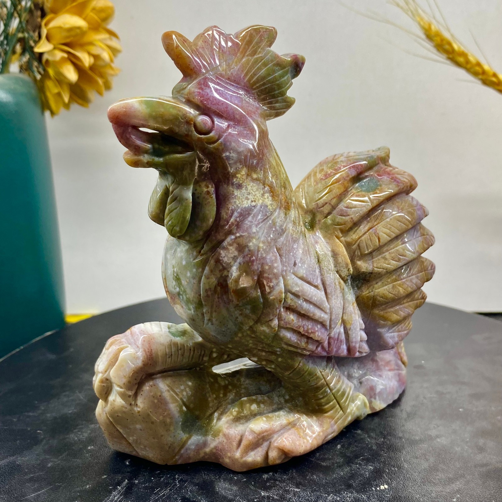 1.63LB Natural Ocean Carved Rooster Figurine Crystal Healing Stone