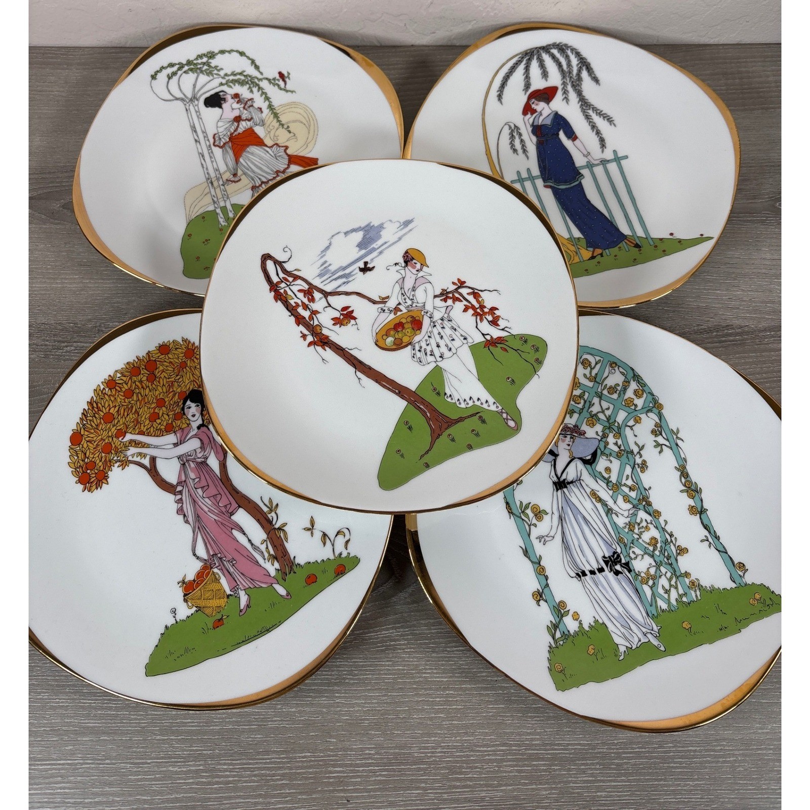 Vintage Ardalt Bavaria Germany Art Deco Style Women Plates Set of 5 No 9014