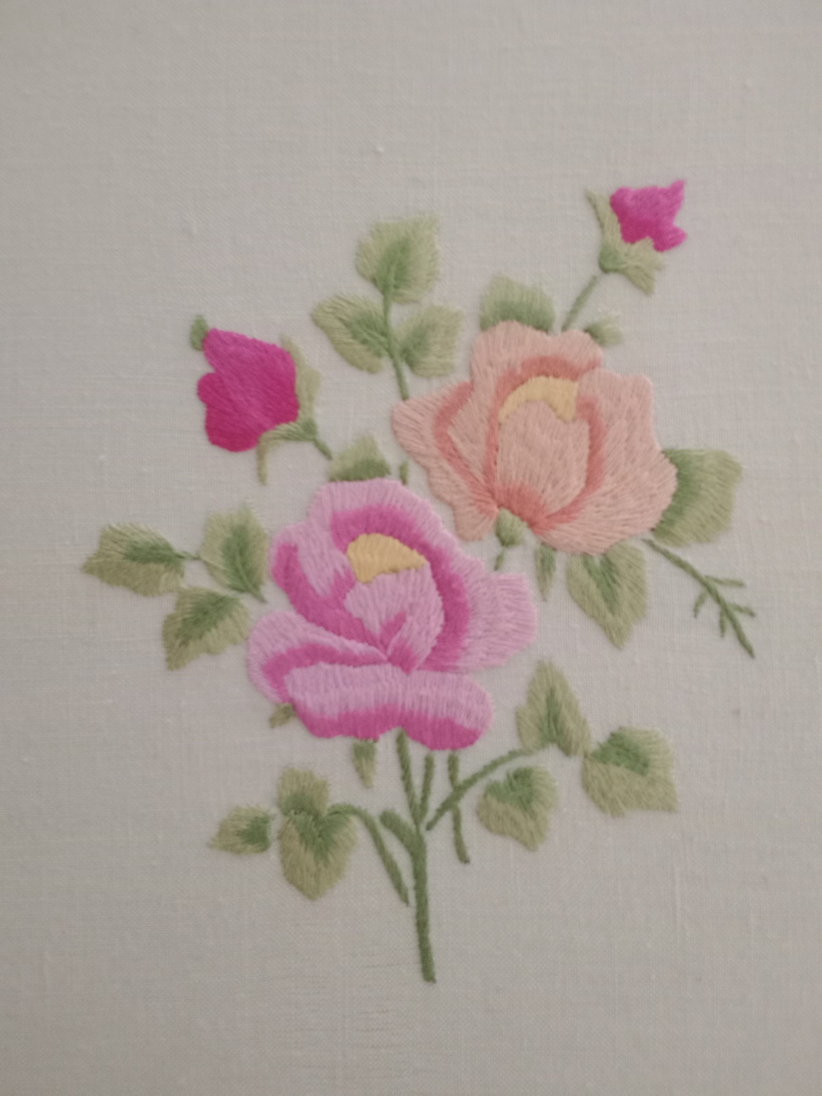 Vintage • Hand Embroidered in Portugal • Roses on Linen • Suitable for Framing