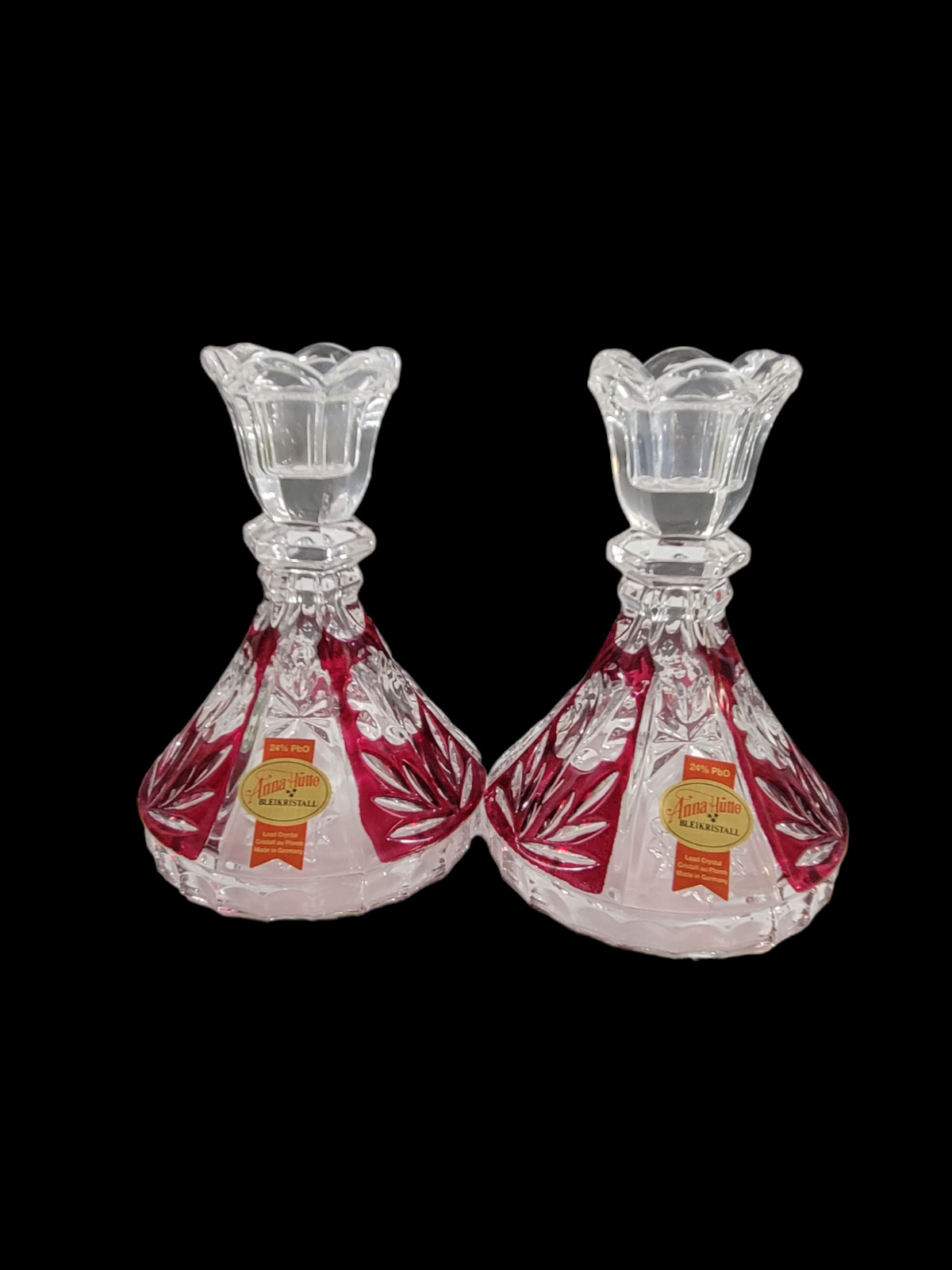 Anna Huitte Bliekristall Ruby Red Cut to Clear 24% Lead Crystal Candleholder Set