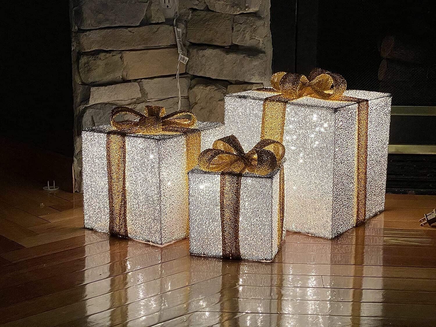3pc Lighted Silver Tinsel Boxes Presents Outdoor Christmas Decor