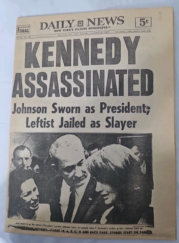 Original 1963 Daily Newspaper Featuring Kennedy Assassination Mint condition.