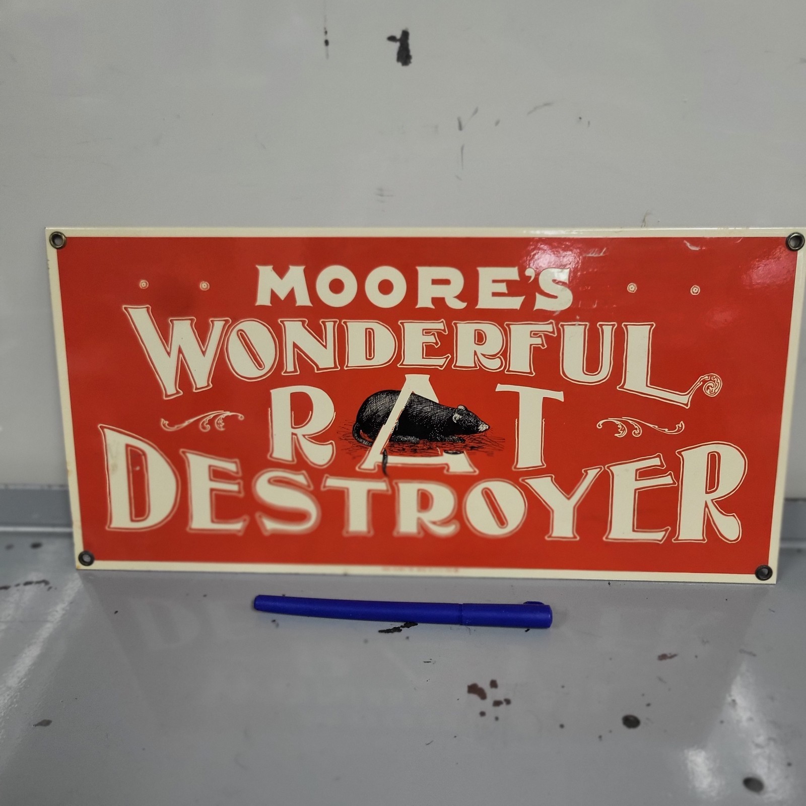 Ande Rooney Moore's Wonderful Rat Destroyer Porcelain Sign 1988 Vintage USA 