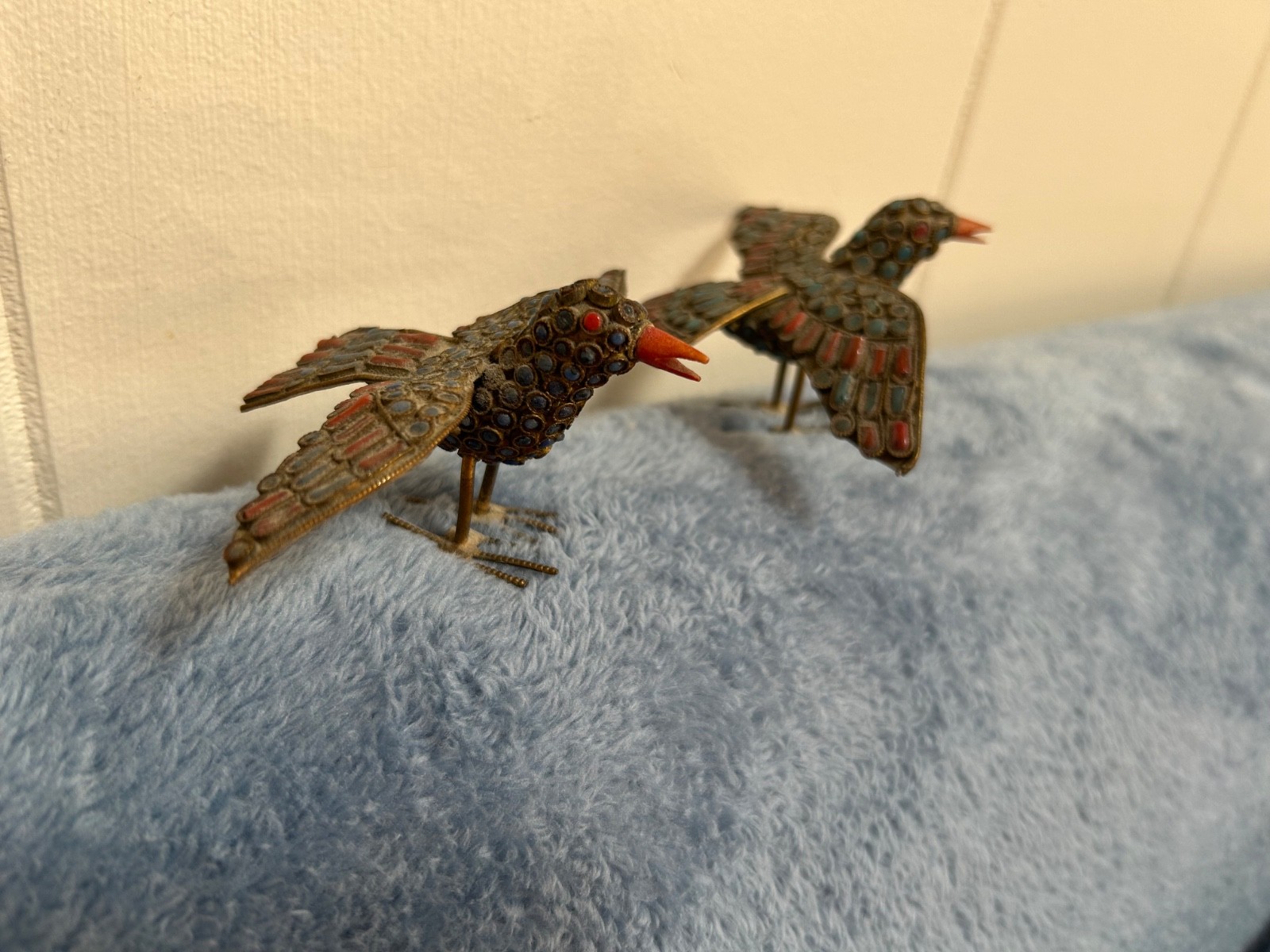2 vintage open wing Tibetan Nepal Brass Small Birds Coral Turquoise Stone
