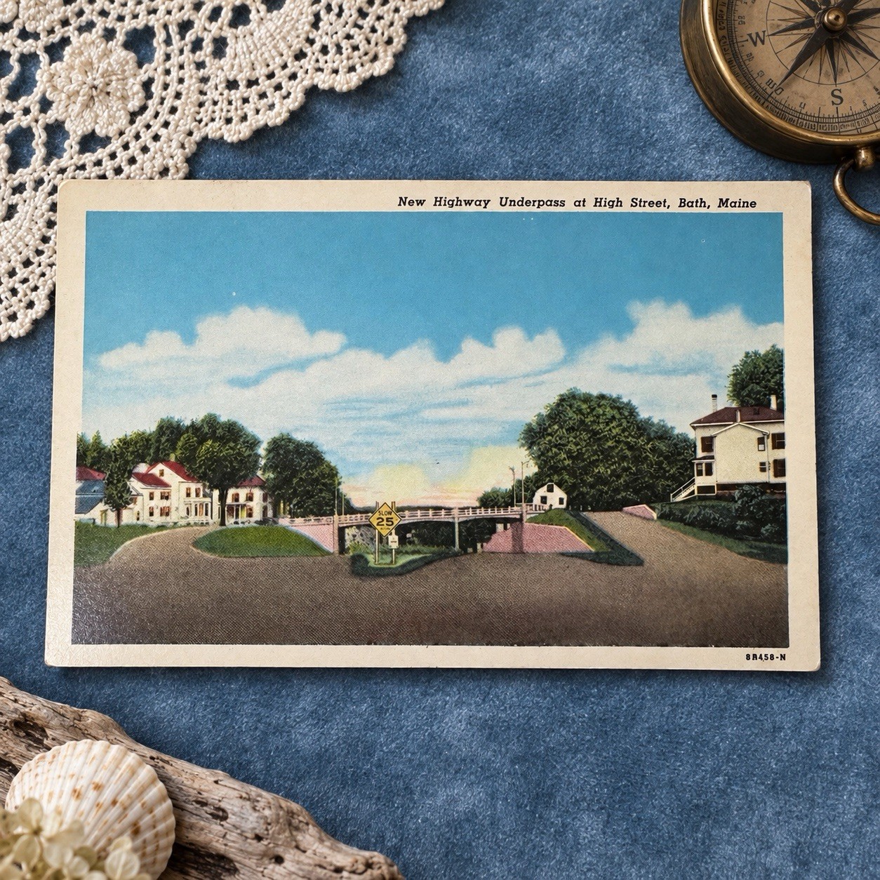 1938 Bath Maine High Street Highway Underpass Curt Teich Linen Postcard Unused