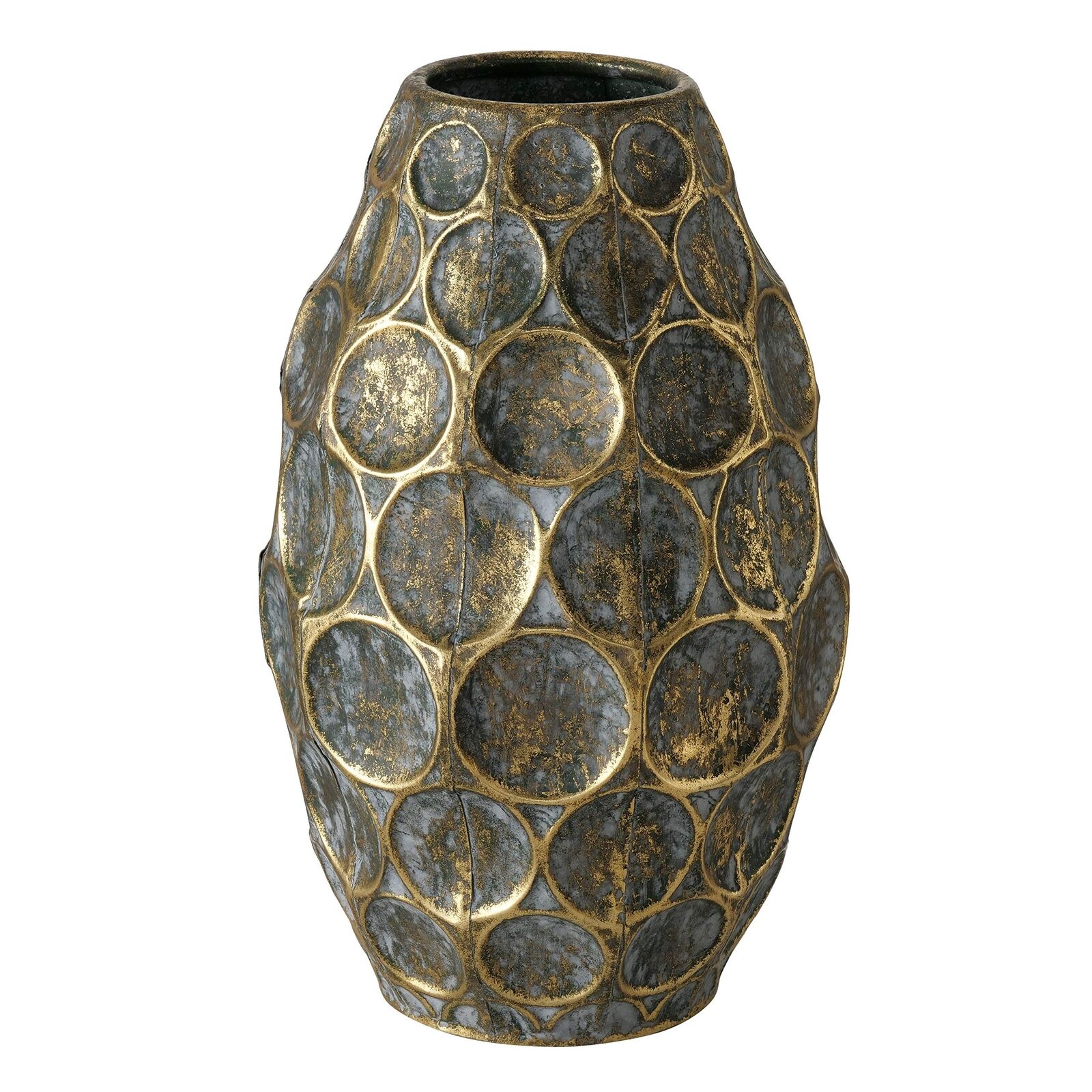 WHW Whole House Worlds Tooled Antique Gold Finished Metal Vase, Sculptural Ri...