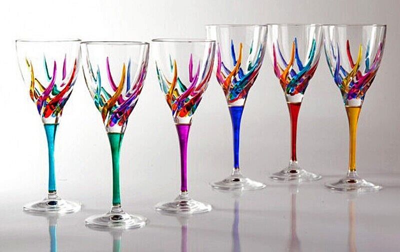VENETIAN CARNEVALE WINE GLASSES - SET OF SIX - HAND PAINTED CRYSTAL WINE GLASSES