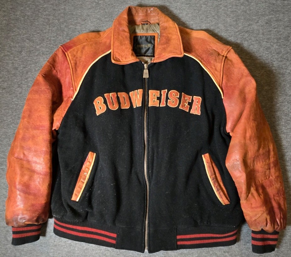Vintage Budweiser Leather Wool Varsity Jacket XL Beer Promo Distressed USA