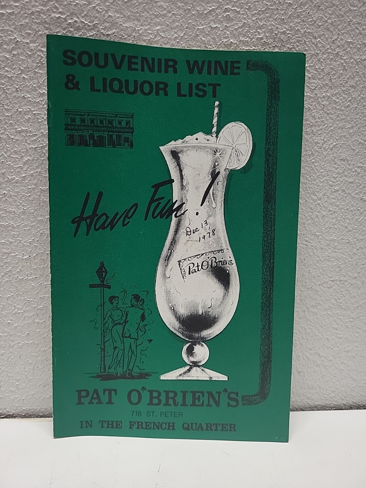  Pat O\'Brien\'s French quarter cocktail souvenir wine liquor list menu Vtg Orlean