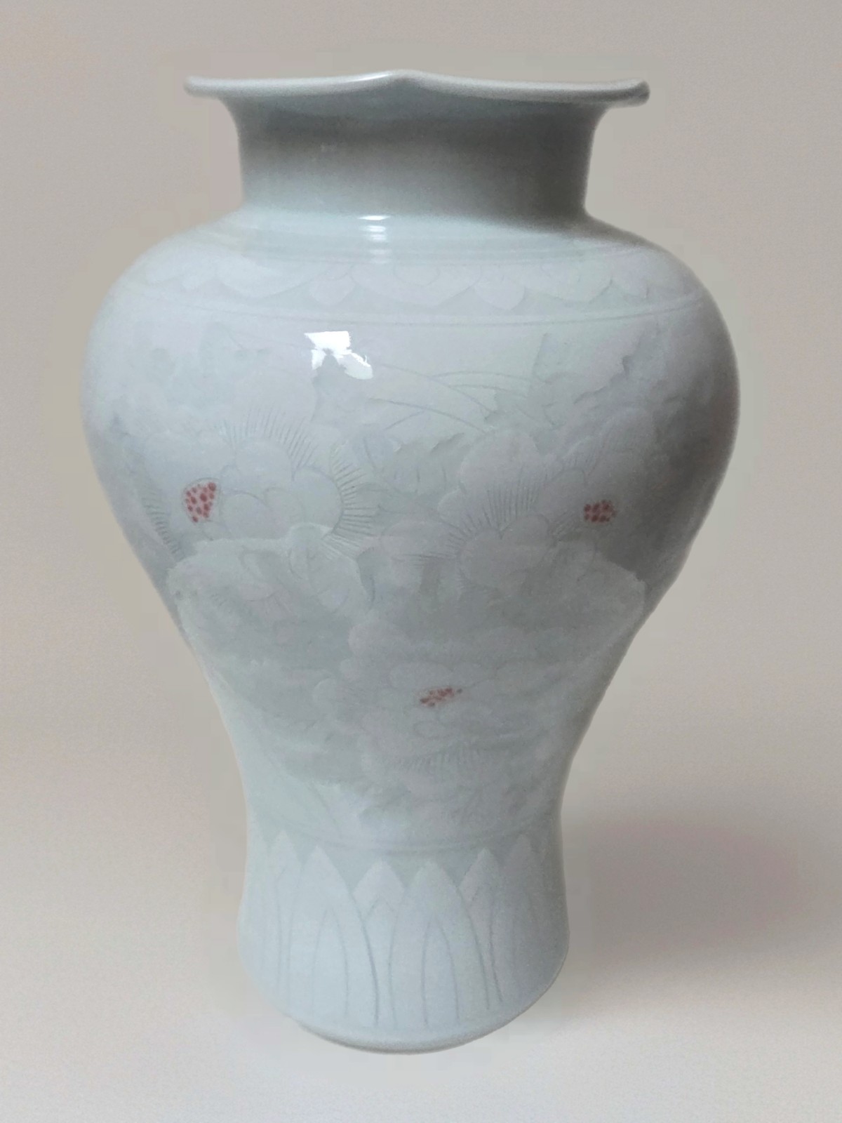 Elegant 12-Inch Korean Celadon Vase, Pale Blue, Inscribed Florals