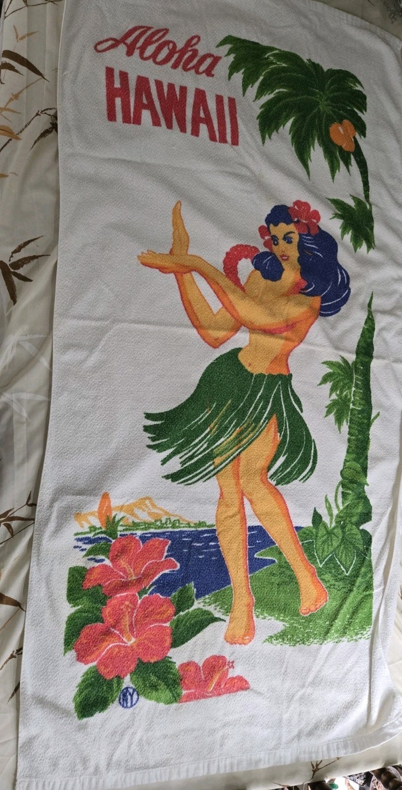 Vtg Souvenir Hawaii Beach Towel Hula Girl Dancer