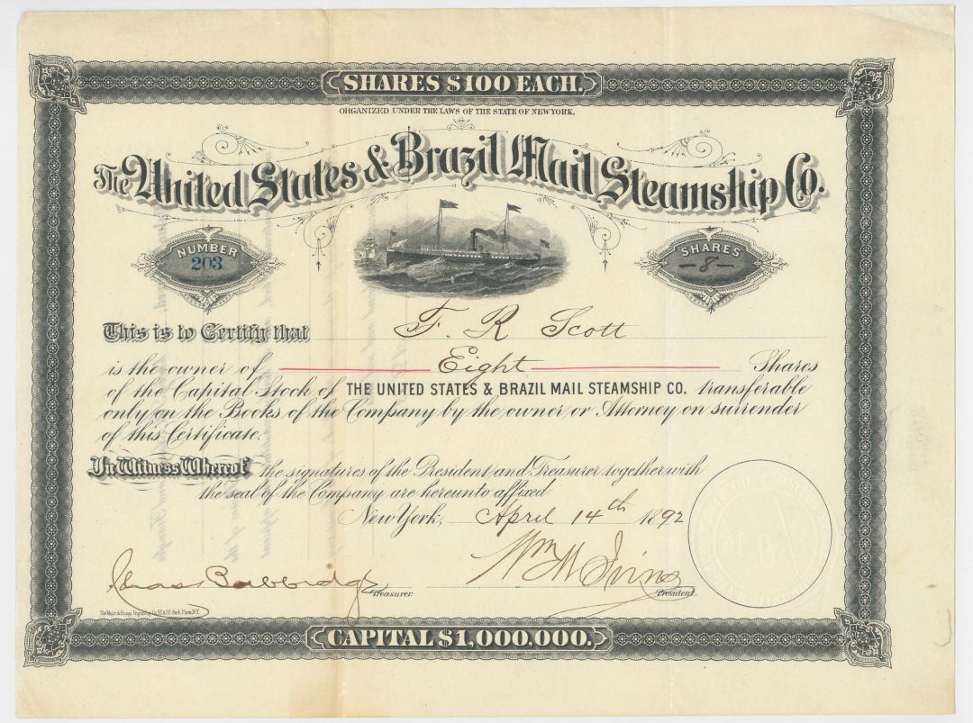 United States and Brazil Mail Steamship Co. - 1892 dated Mail Shipping Stock Cer