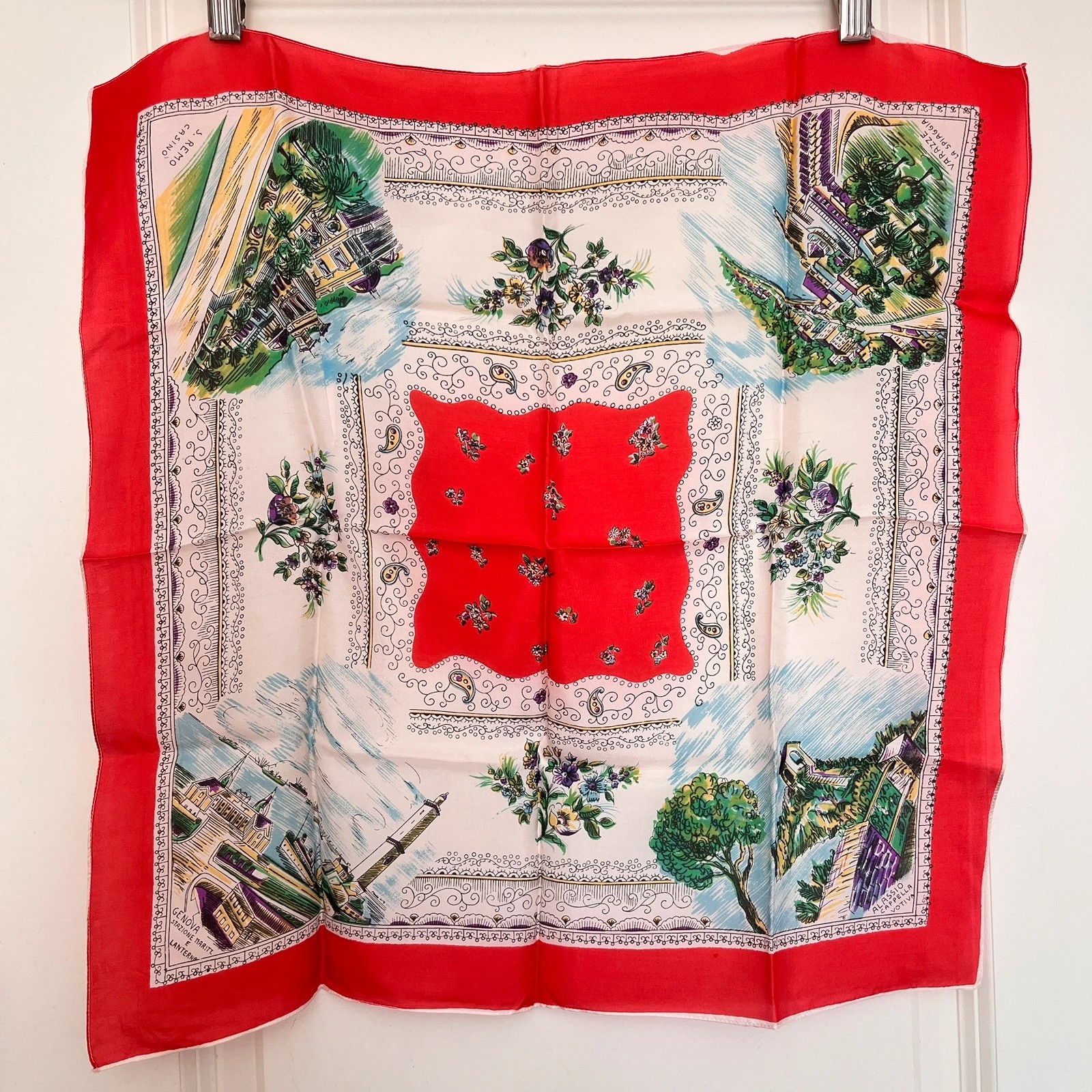 Vintage Italian Souvenir Scarf Riviera Liguria San Remo Genoa Varazze Red