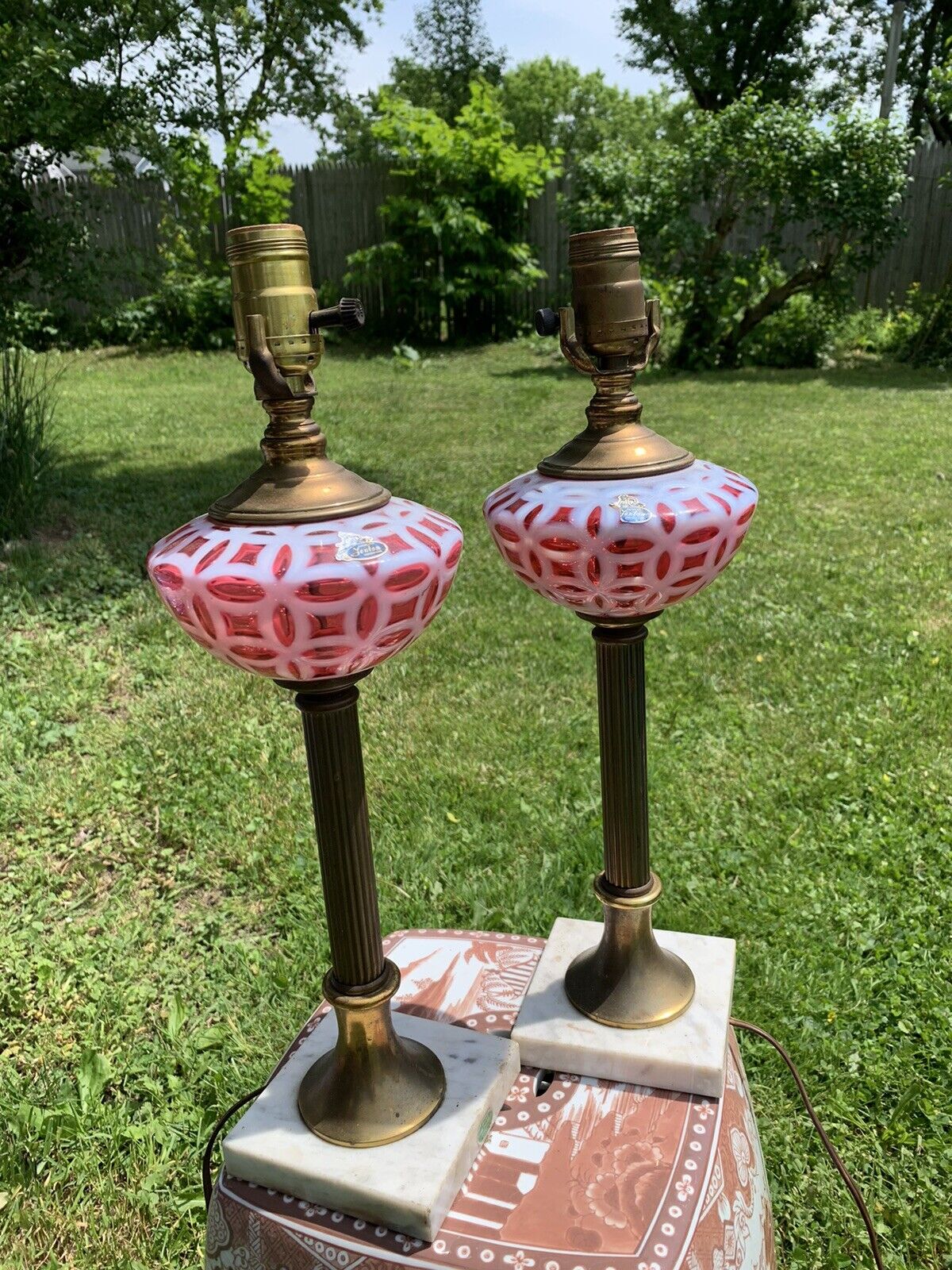 PAIR Vintage FENTON Cranberry Opalescent WEDDING RING Lamps