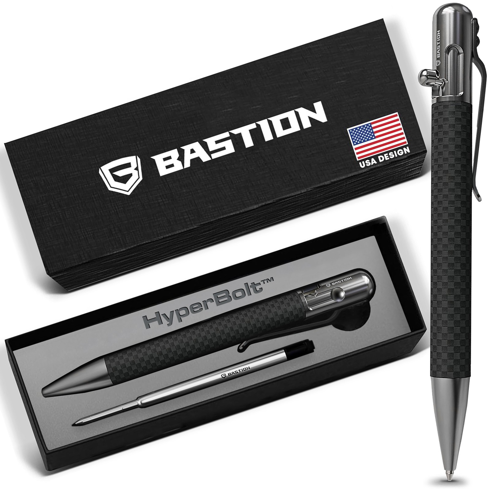 BASTION Carbon Fiber Silver Bolt Action Ink Pen | EDC Pocket Mens Gift Luxury