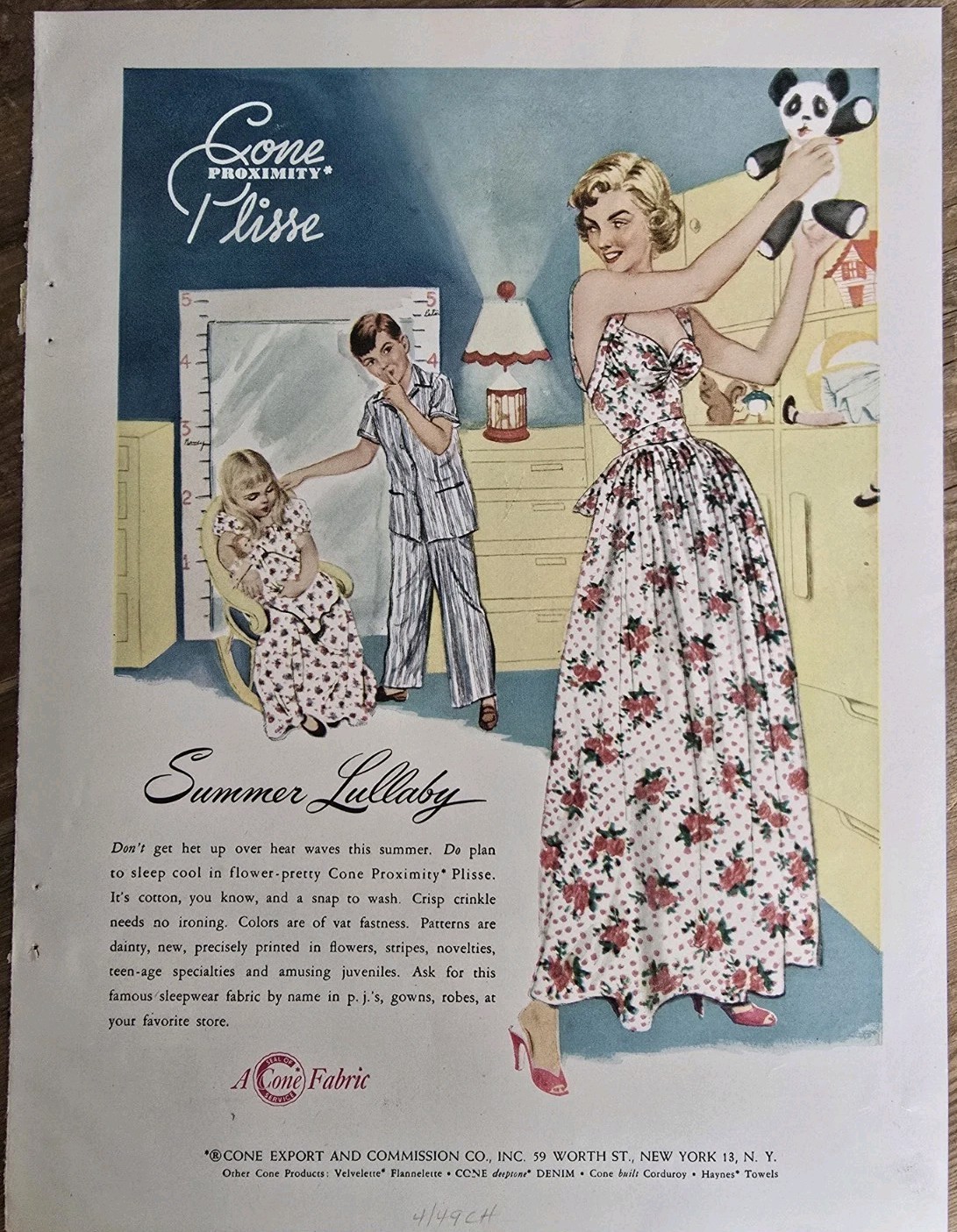 1949 Women\'s Girls Boys Cone Plisse Cotton Pajamas Gowns Vintage Fashion Art ad