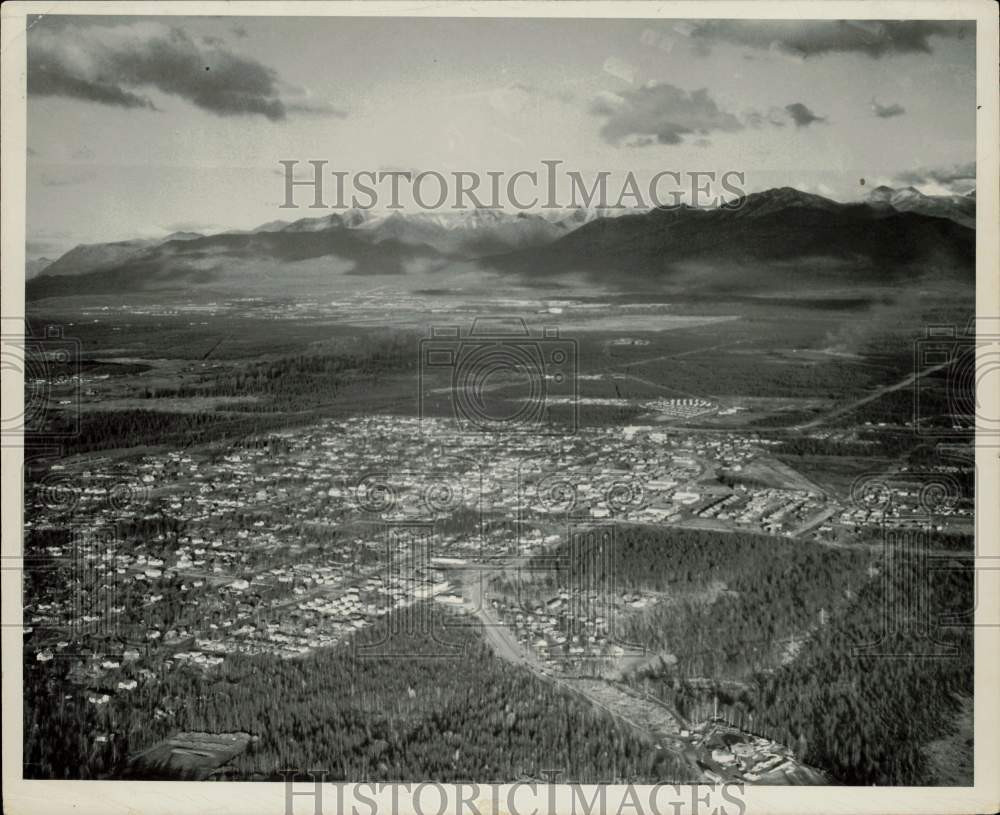 1956 Press Photo Aerial view from a mountain of Anchorage, Alaska - lrb33153