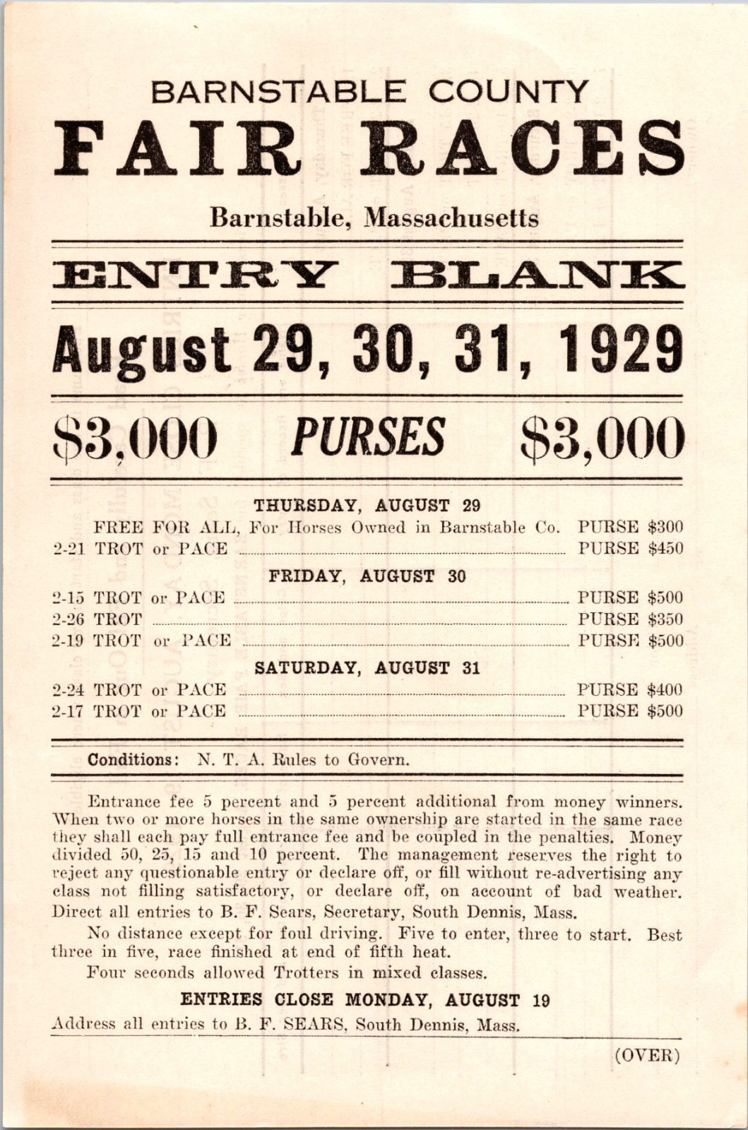 2~ 1928/29 BARNSTABLE COUNTY FAIR MASS. HORSE RACES ENTRY BLANKS $3000 PURSES