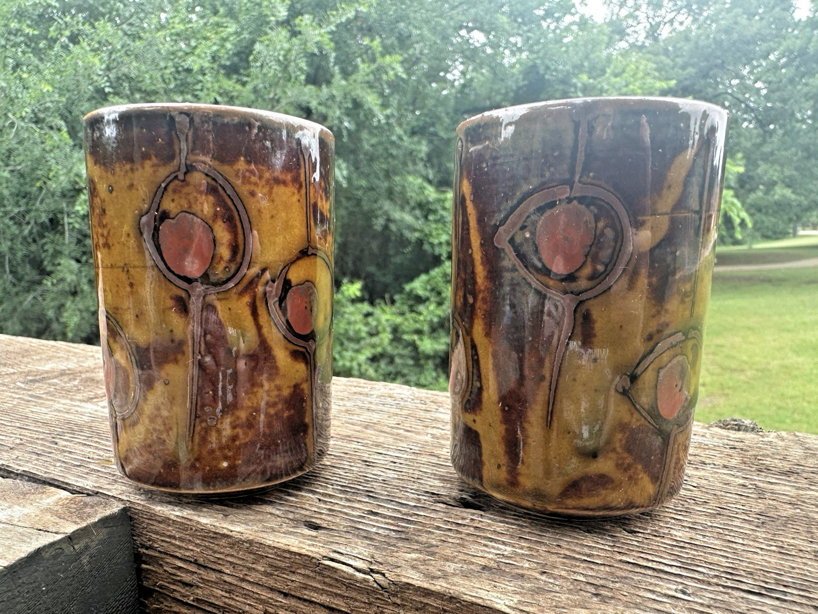 VTG OMC Otagiri Stoneware Hand Painted Glazed Sake Cups Set Of 2 Japan MCM